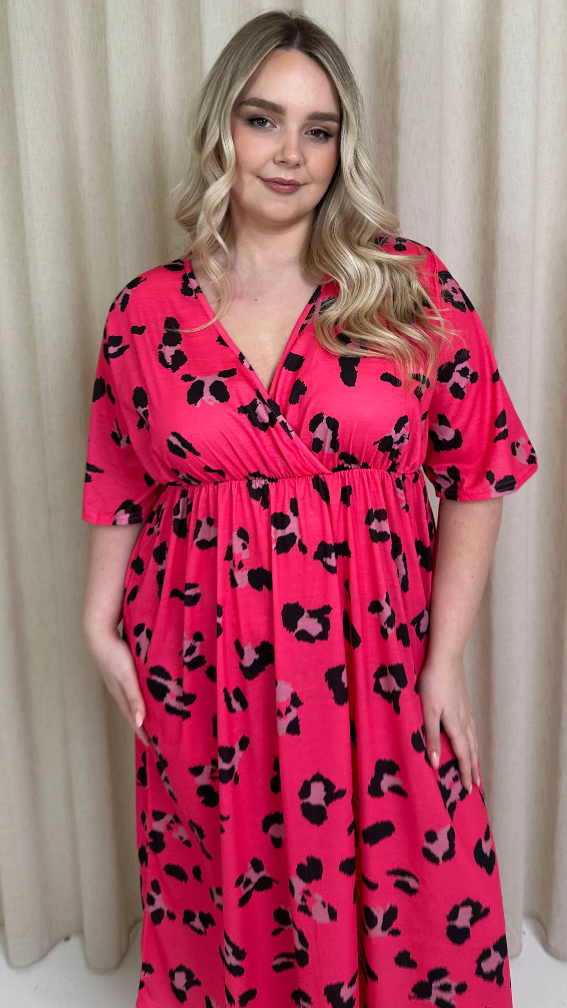 CurveWow Petite Wrap Midi Dress Bright Pink Leopard - Image 6
