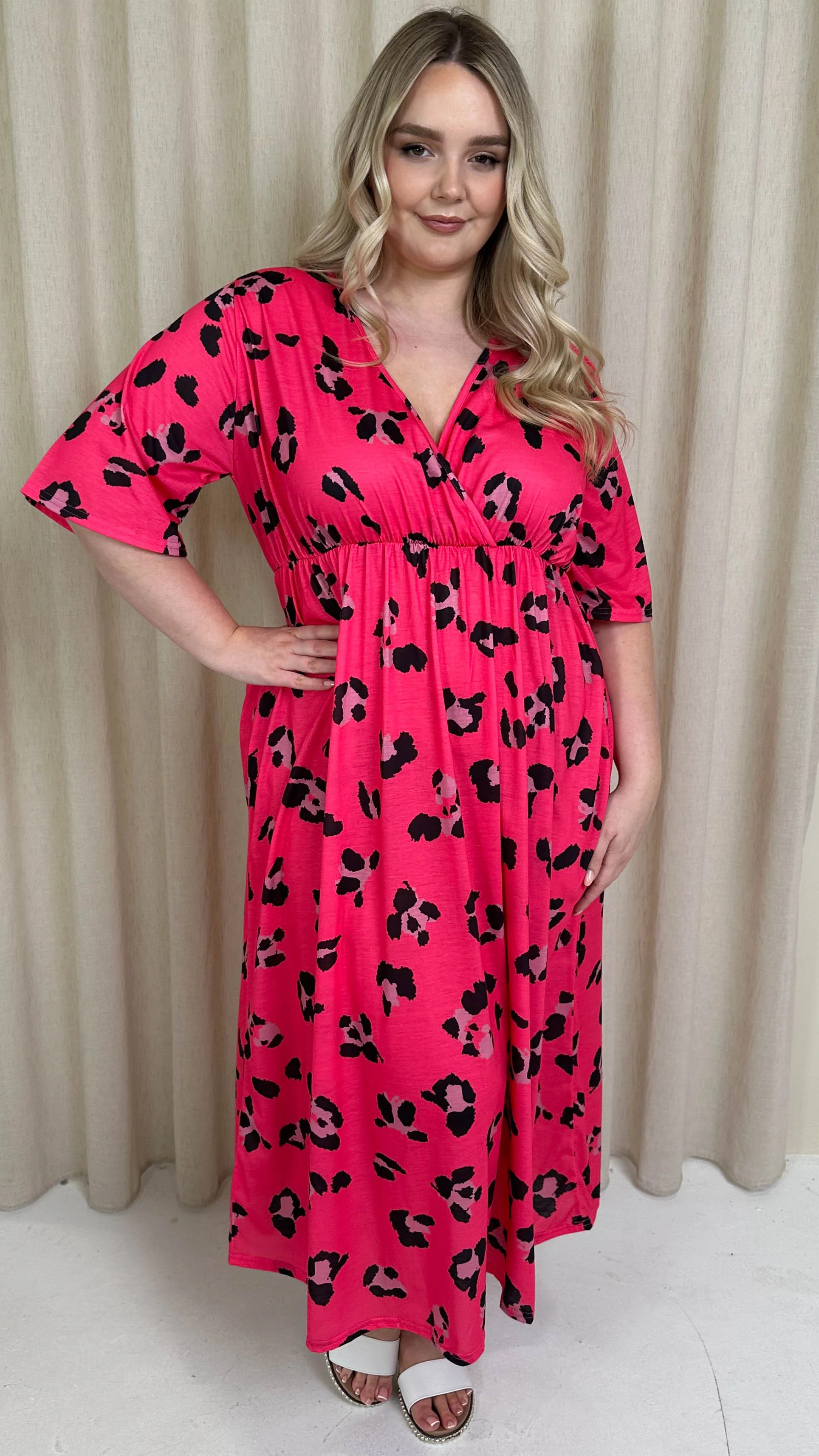 CurveWow Petite Wrap Midi Dress Bright Pink Leopard - Image 7