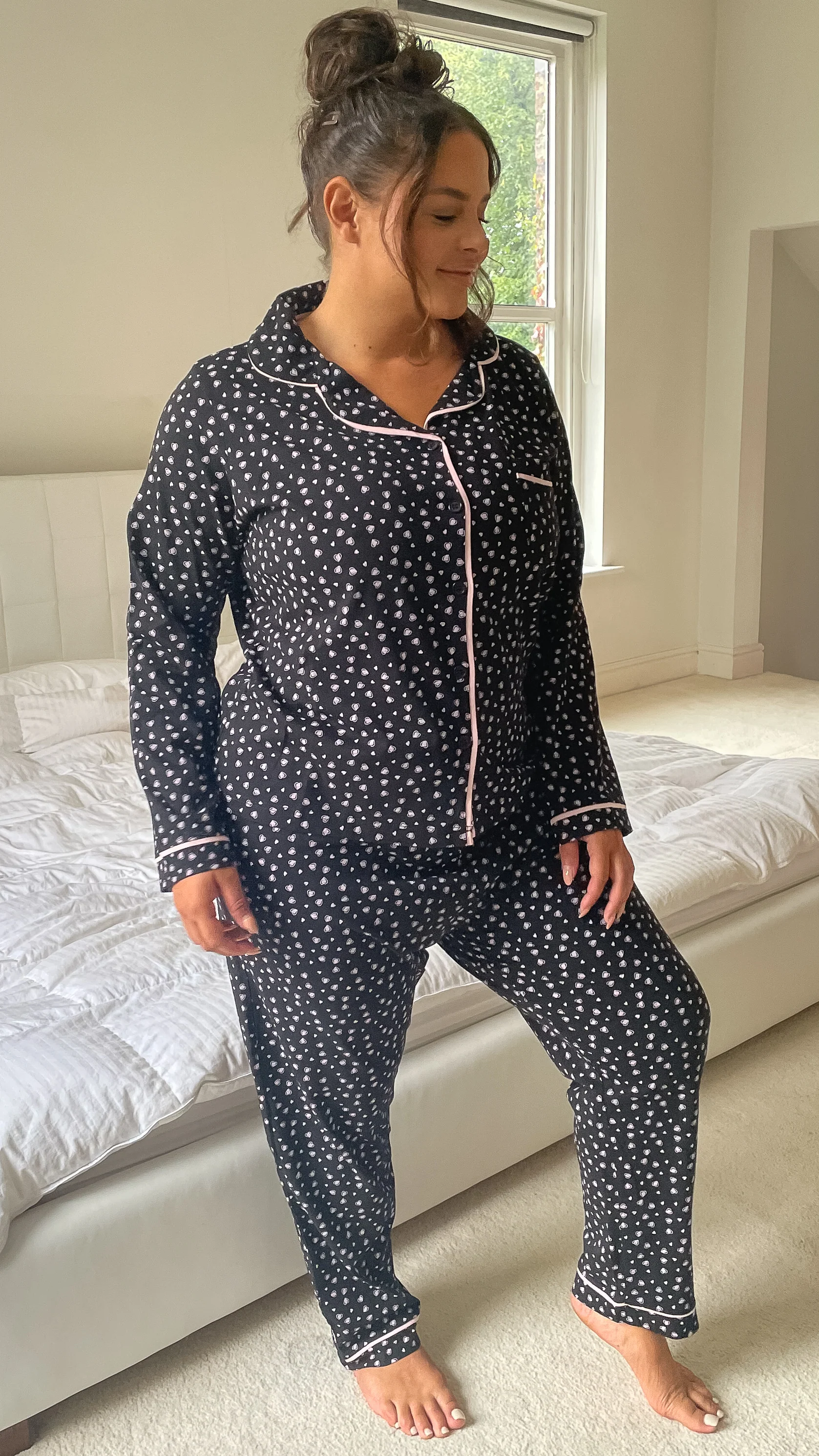 CurveWow Long Sleeve PJ Set Black With Pink Hearts - Image 5