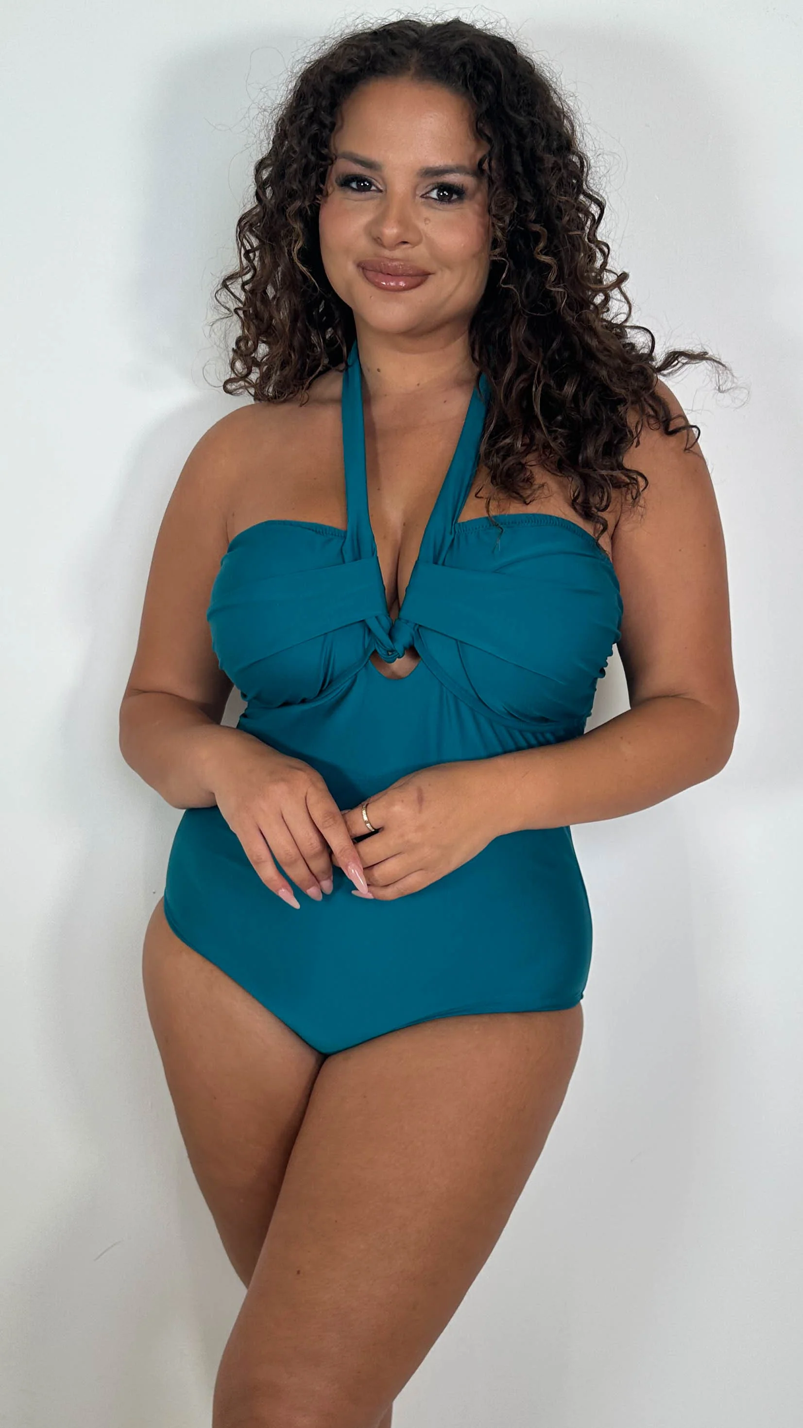 CurveWow Plain Plaited Halter Swimsuit Teal - Image 6