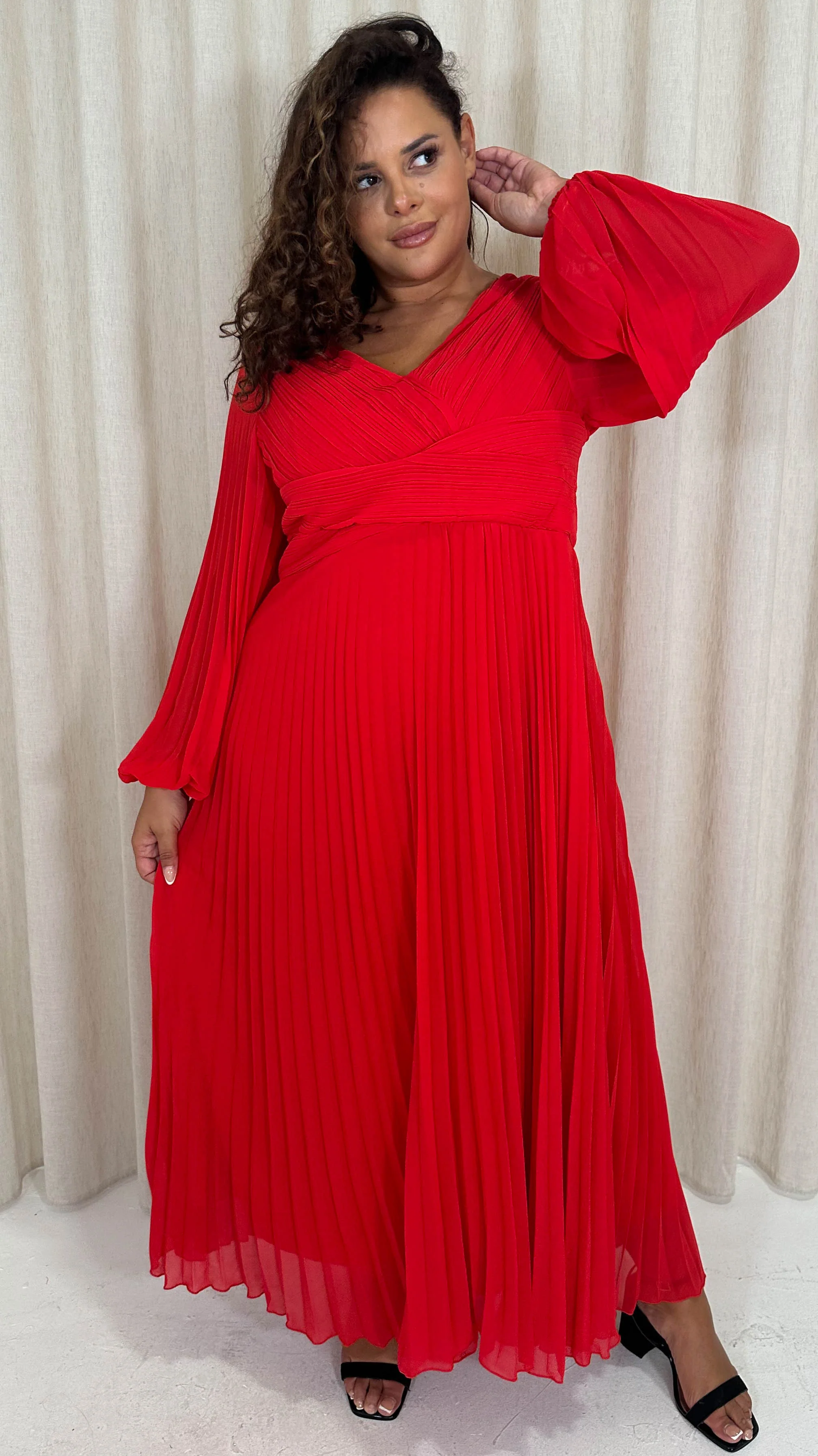 CurveWow Pleated Wrap Maxi Dress Red - Image 7