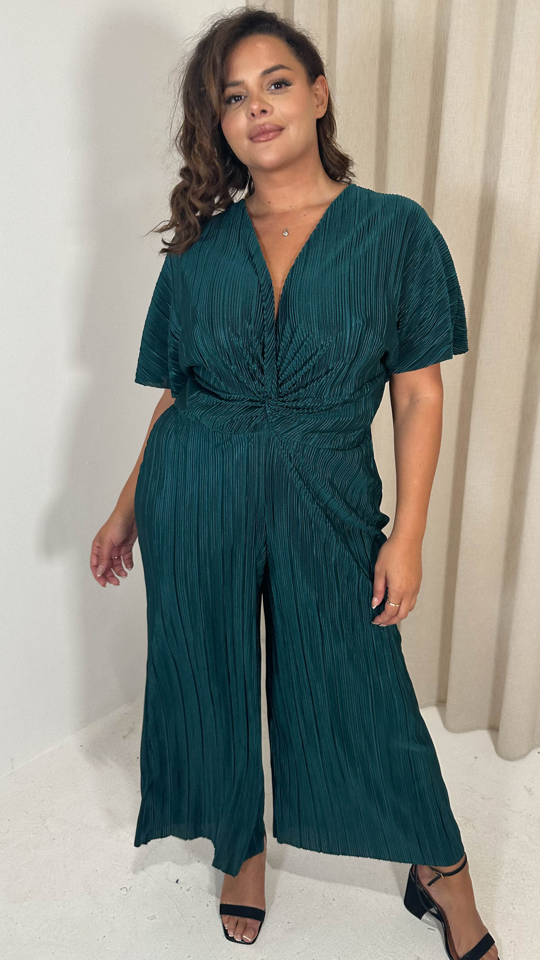 CurveWow Plisse Knot Jumpsuit Pine Green - Image 3