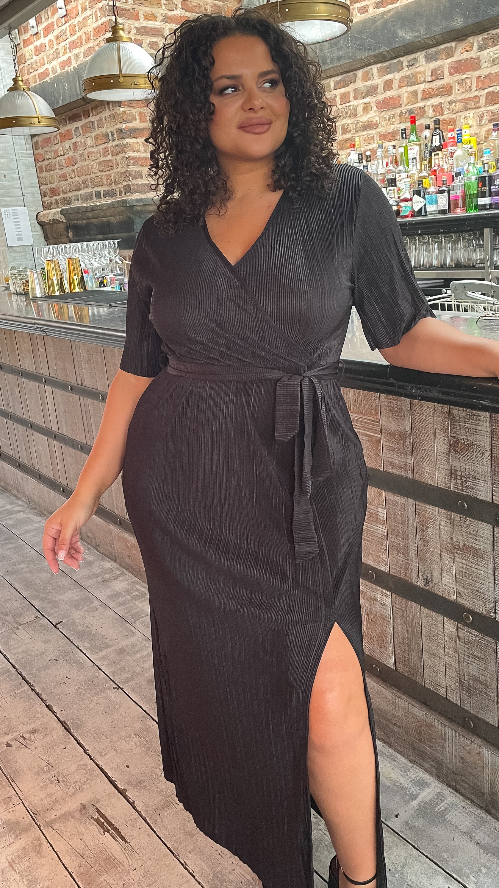 CurveWow Plisse Wrap Maxi Dress Black - Image 3