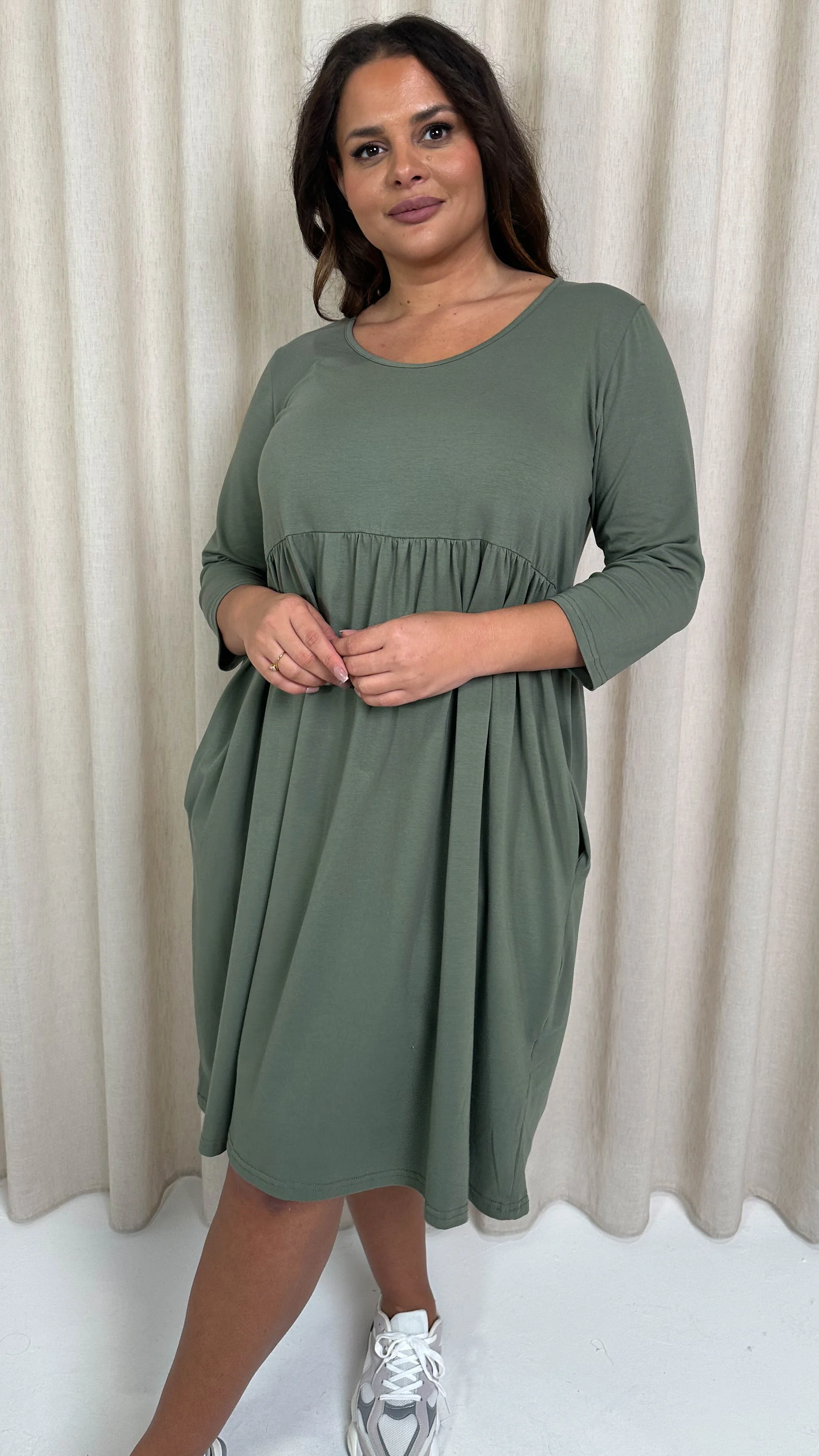 CurveWow Pocket Smock Dress Khaki - Image 6