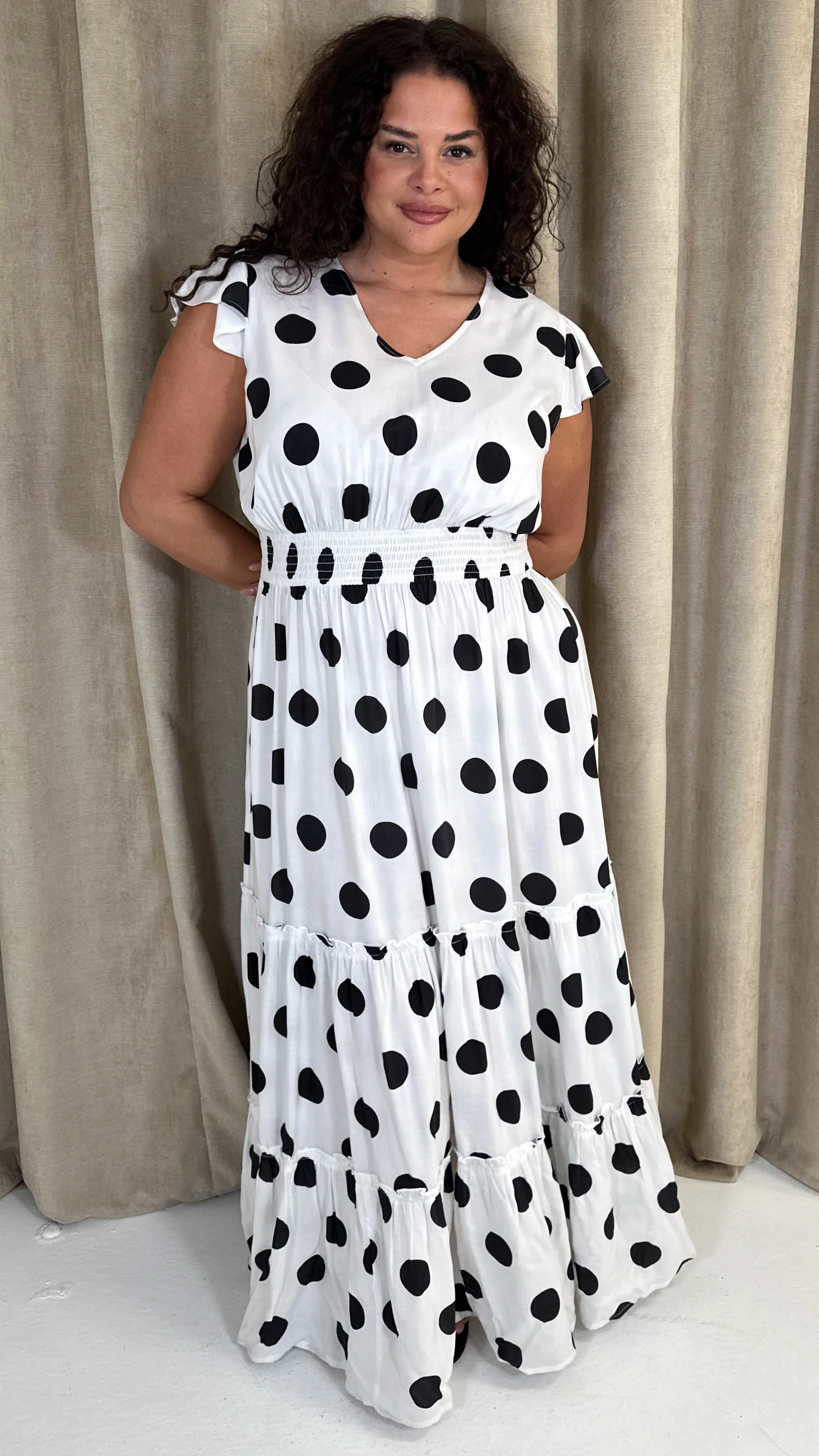 CurveWow Polka Dot Angel Sleeve Maxi Dress White - Image 3