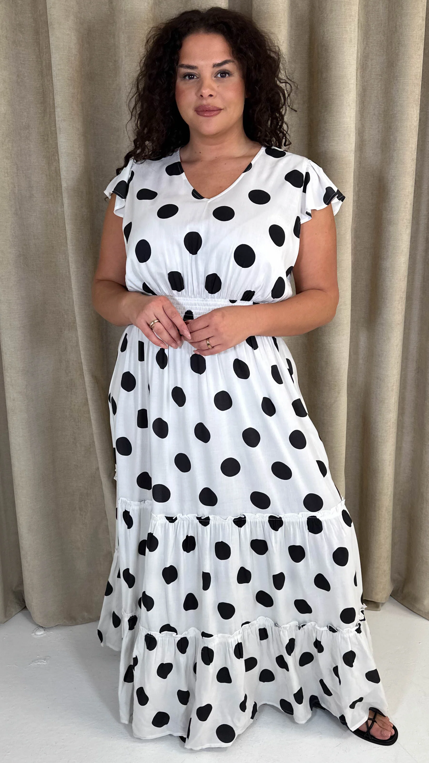 CurveWow Polka Dot Angel Sleeve Maxi Dress White - Image 5