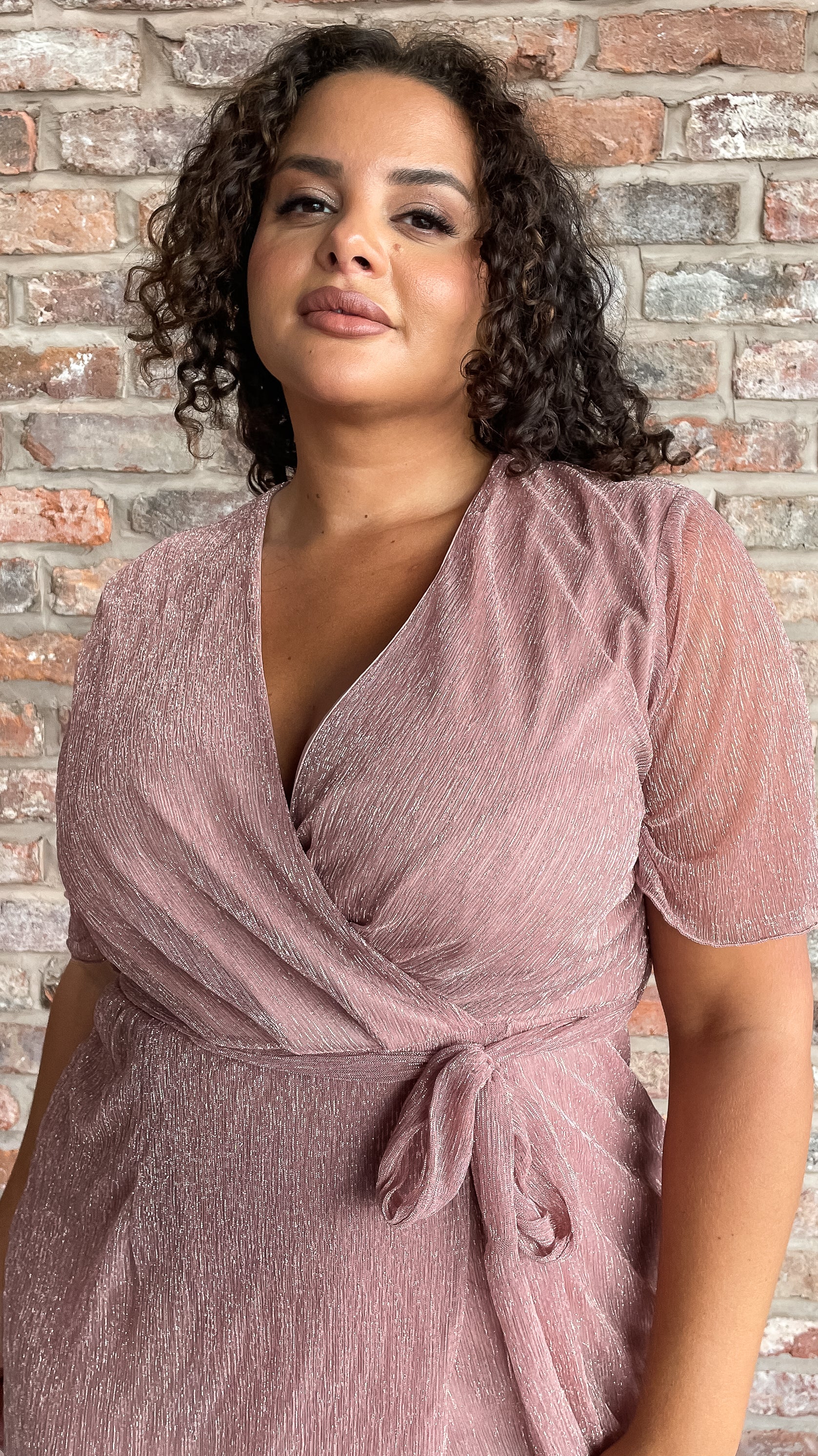 CurveWow Premium Plisse Wrap Midi Dress Blush - Image 3