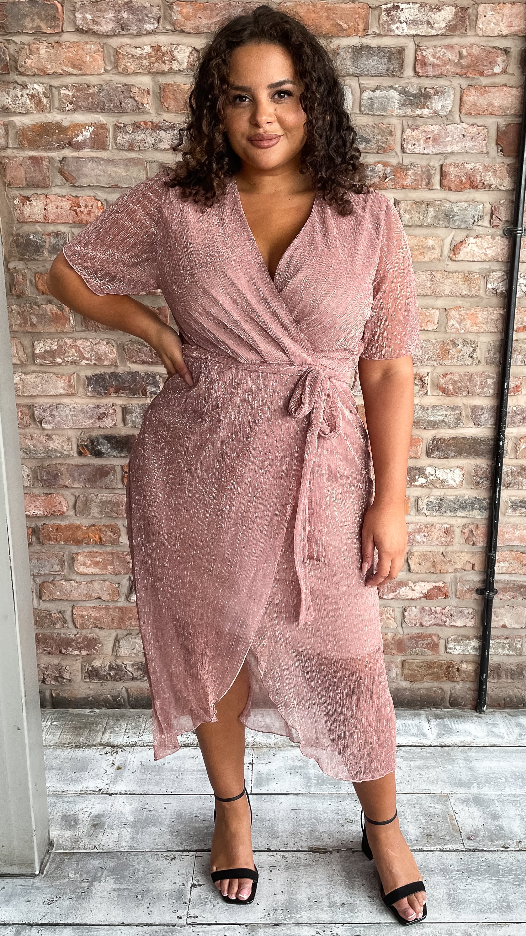 CurveWow Premium Plisse Wrap Midi Dress Blush - Image 5