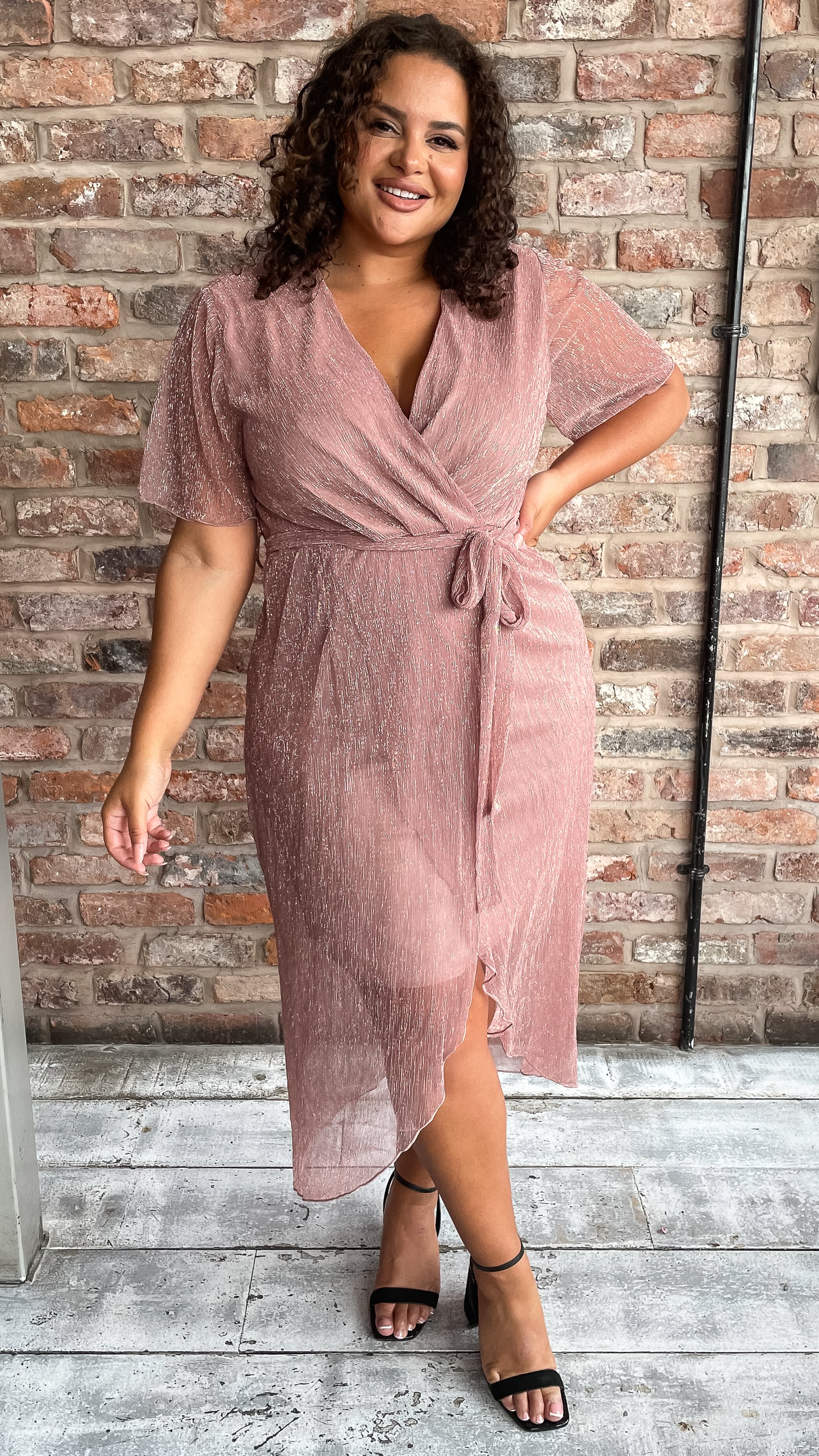 CurveWow Premium Plisse Wrap Midi Dress Blush - Image 6