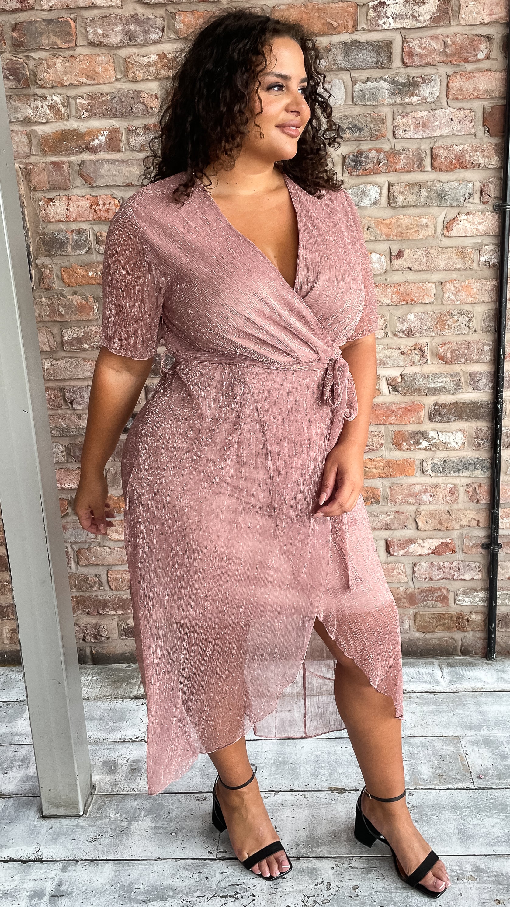 CurveWow Premium Plisse Wrap Midi Dress Blush - Image 8