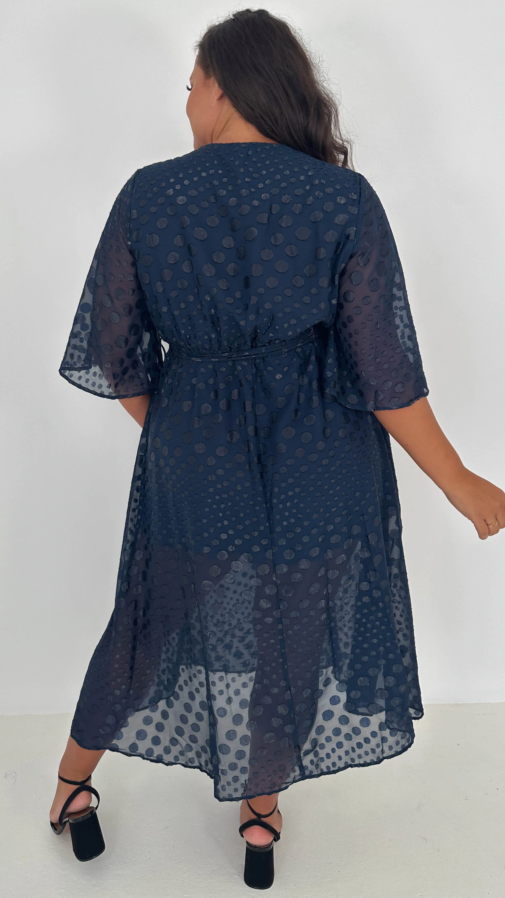 CurveWow Flared Sleeve Maxi Dress Navy Spot - Image 7