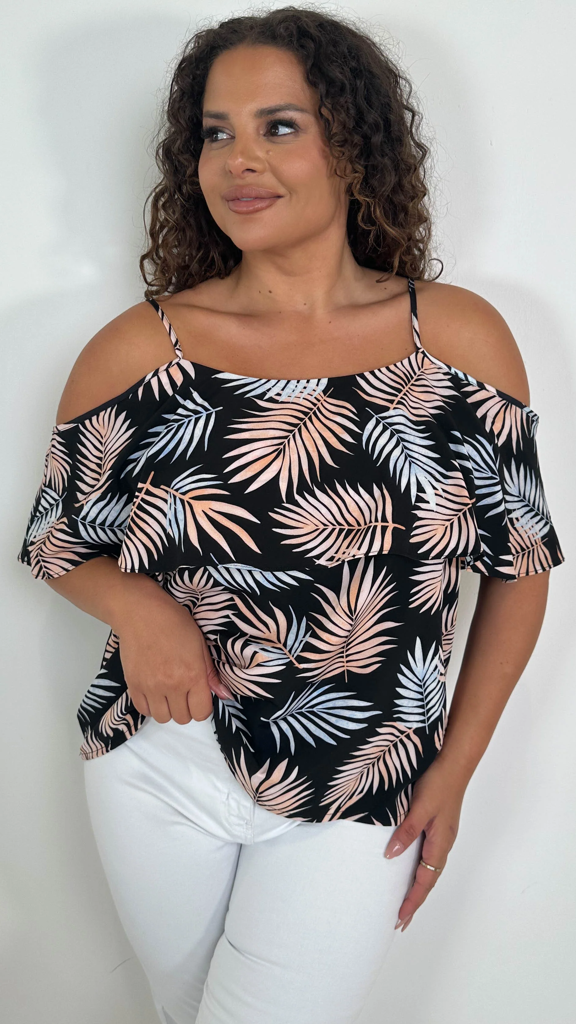 CurveWow Printed Frill Cold Shoulder Top Black/Pink Tropical - Image 4