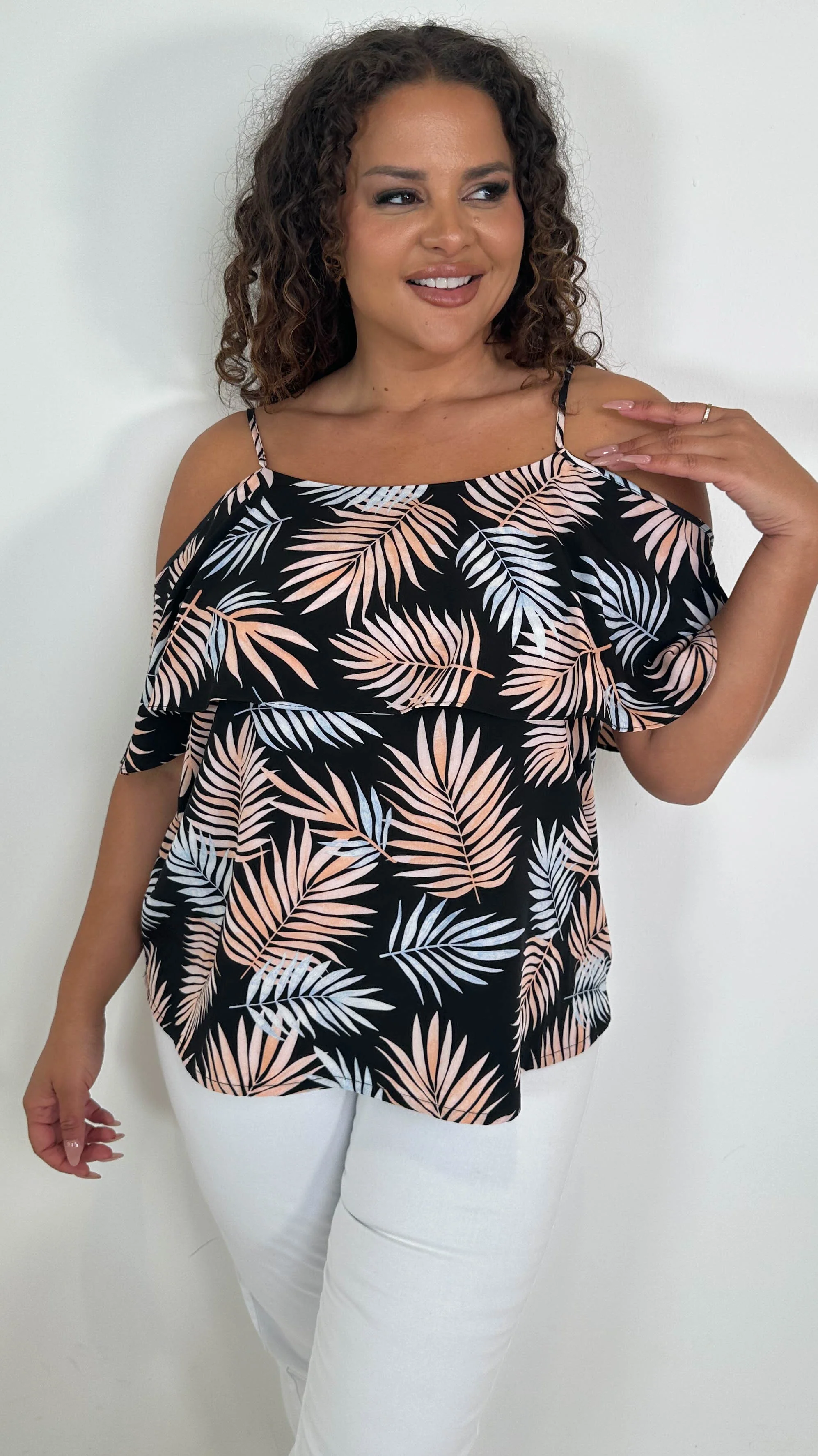 CurveWow Printed Frill Cold Shoulder Top Black/Pink Tropical - Image 6