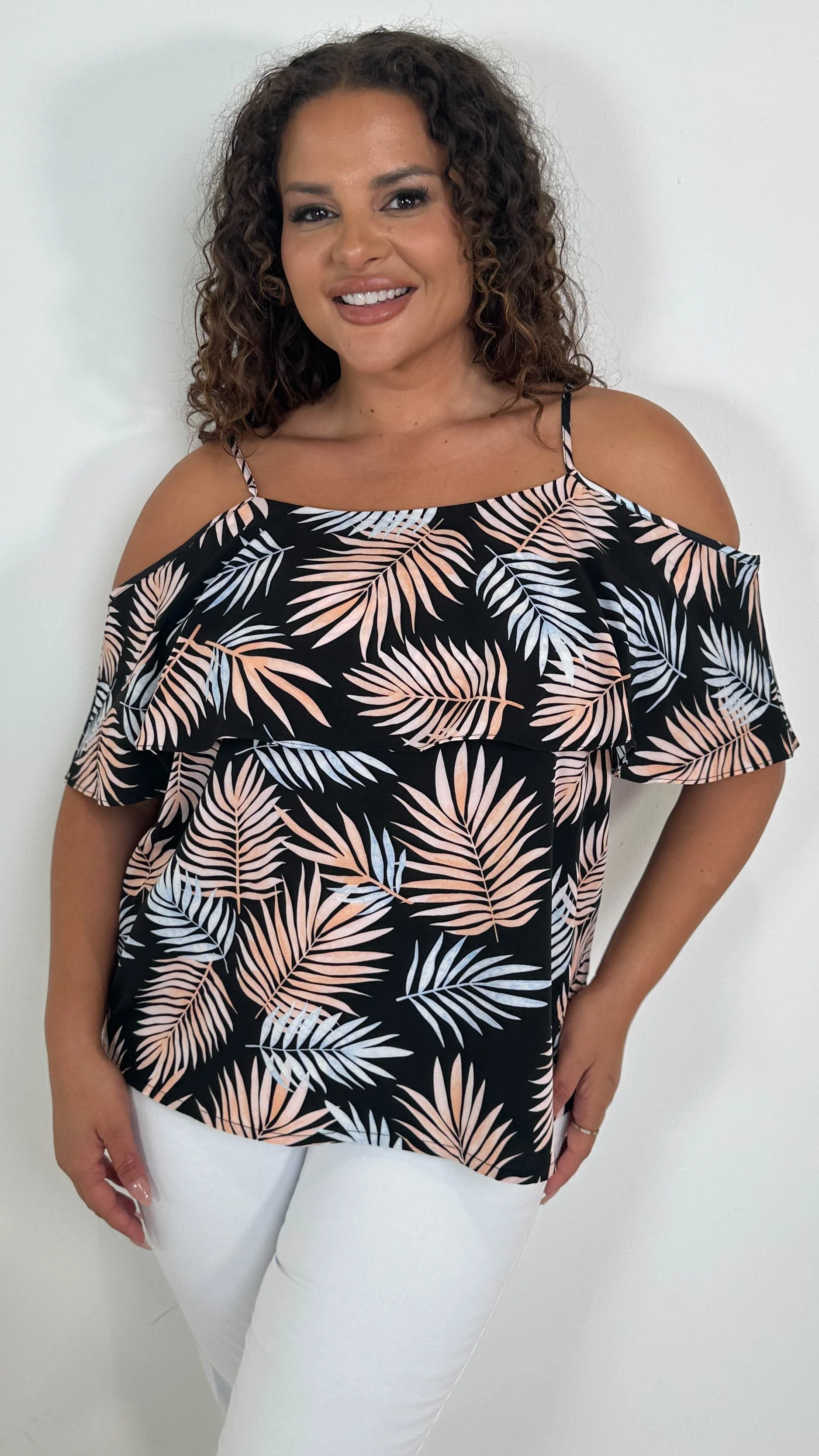 CurveWow Printed Frill Cold Shoulder Top Black/Pink Tropical - Image 7