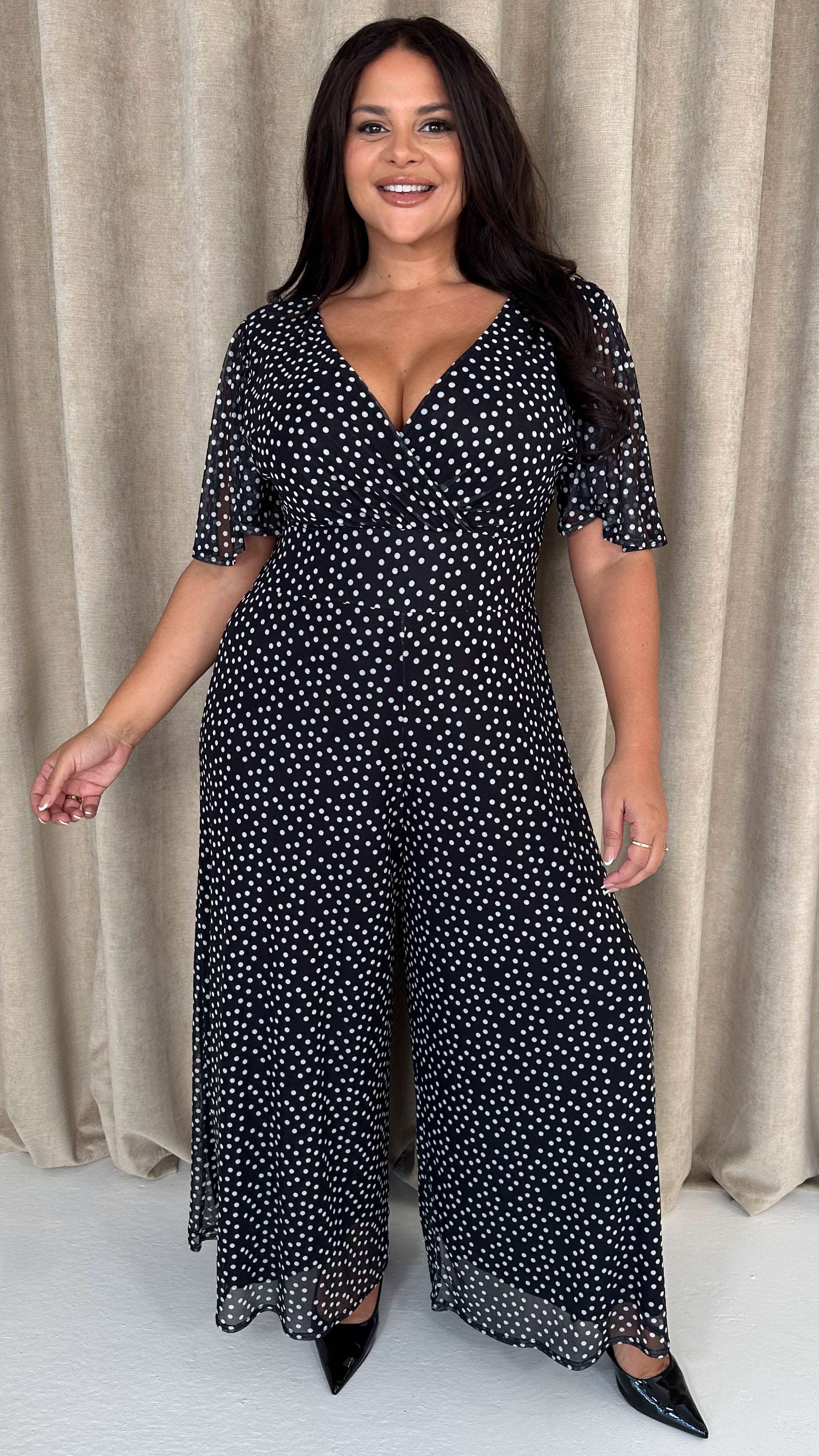 CurveWow Printed Mesh Angel Sleeve Wideleg Jumpsuit Spot - Image 5