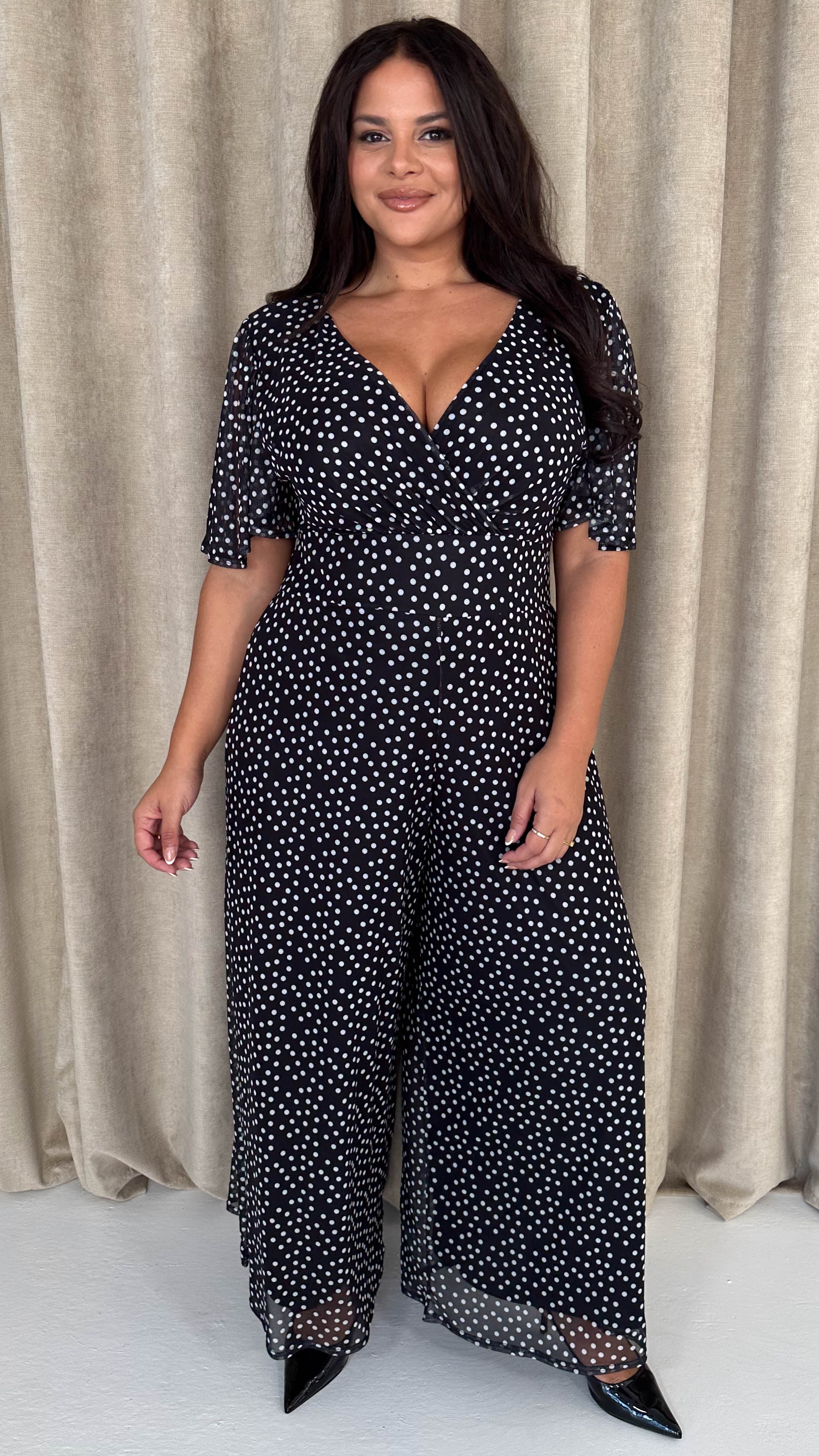 CurveWow Printed Mesh Angel Sleeve Wideleg Jumpsuit Spot - Image 6