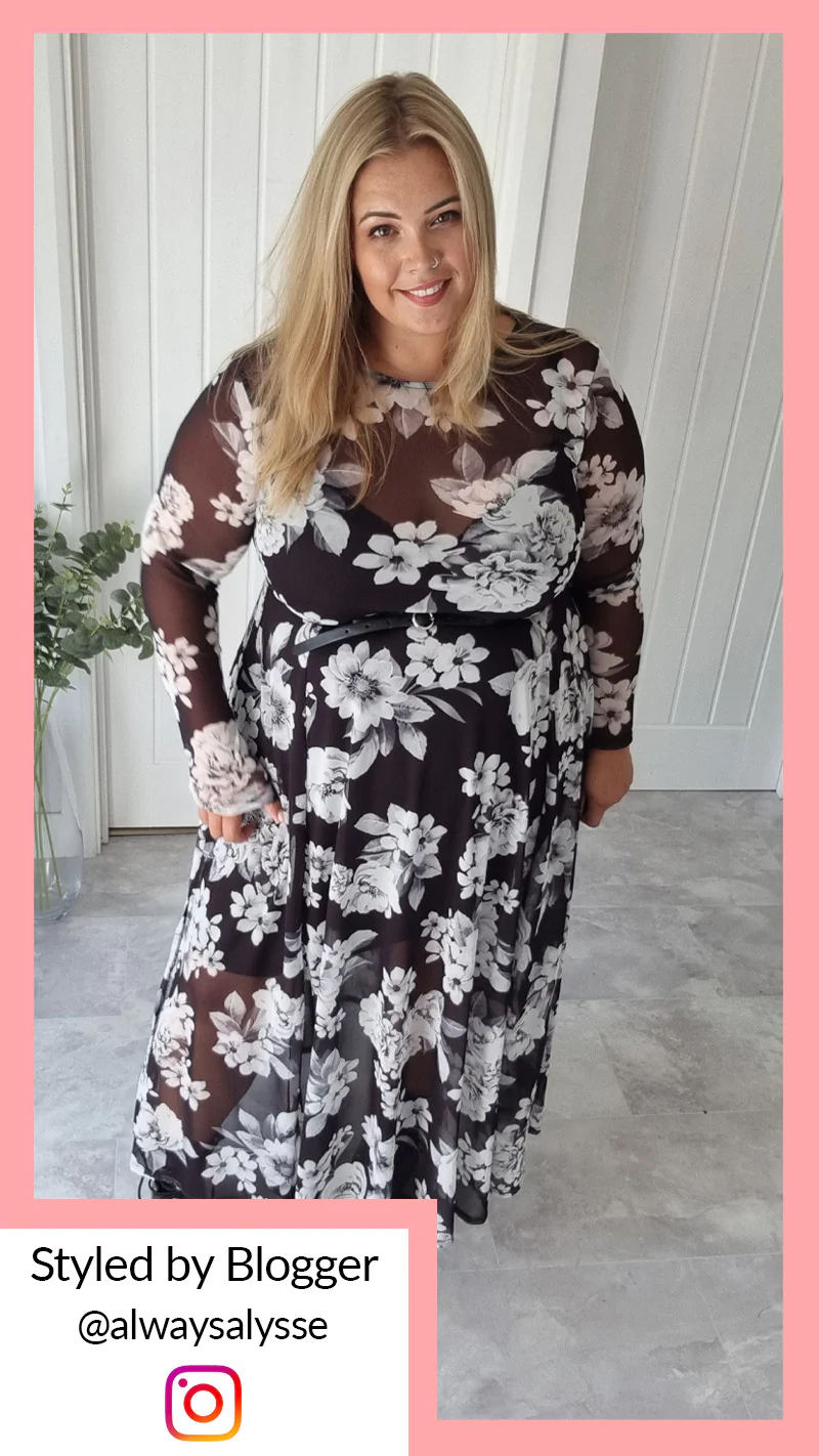CurveWow Printed Mesh Maxi Dress Black White Floral - Image 2