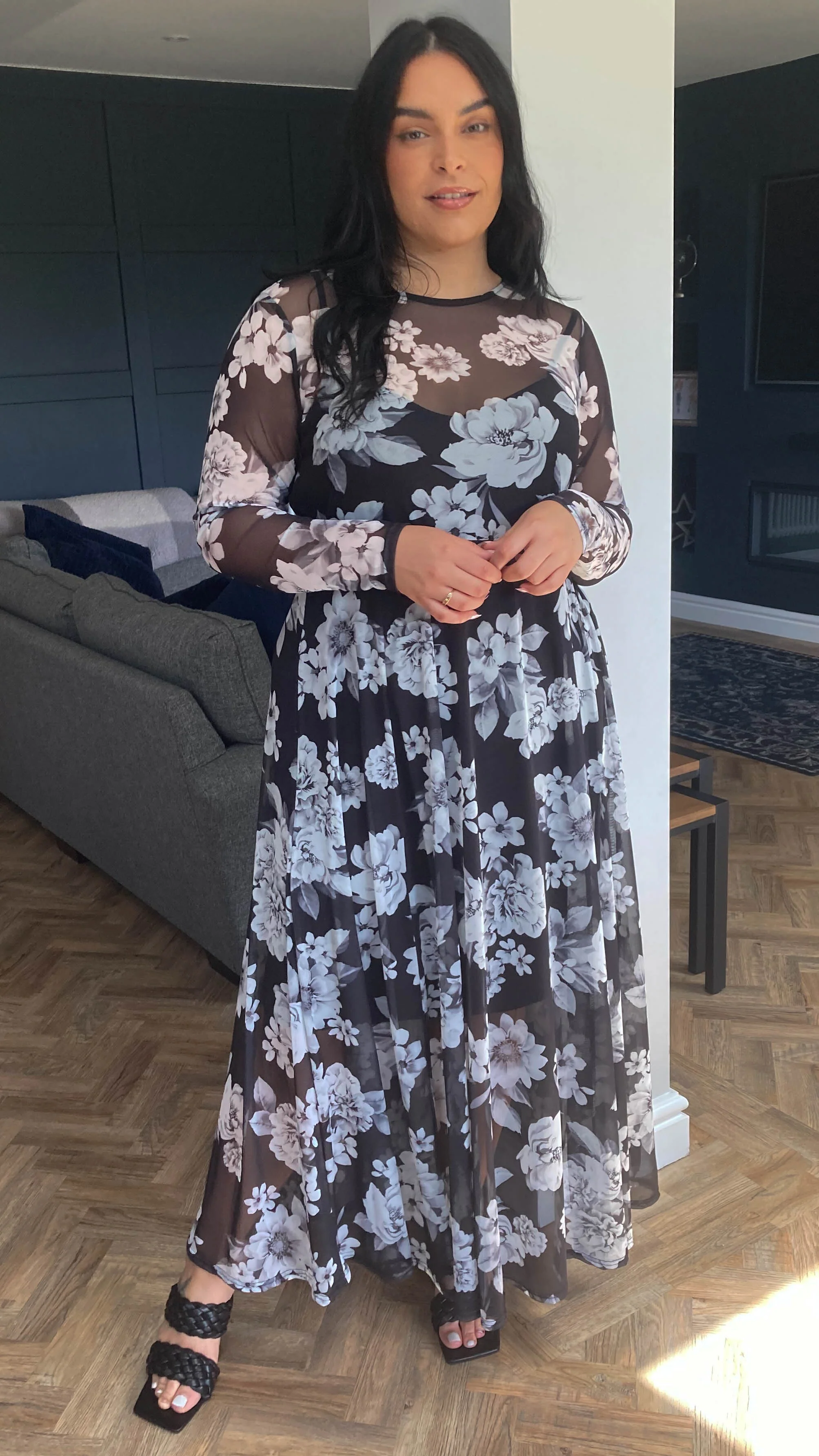 CurveWow Printed Mesh Maxi Dress Black White Floral - Image 7