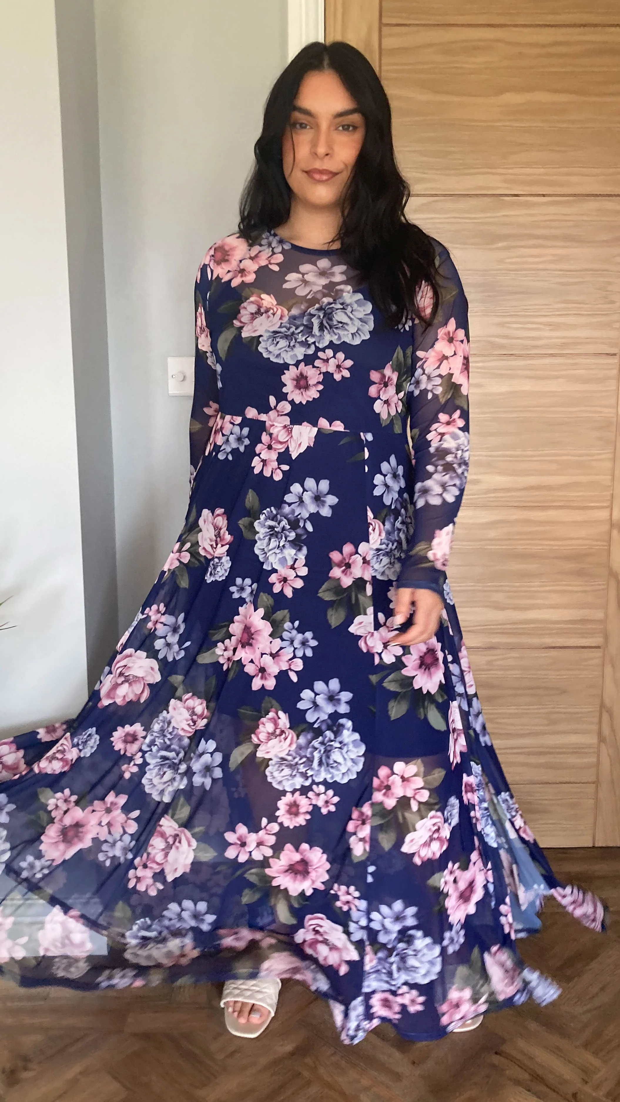 CurveWow Printed Mesh Maxi Dress Navy & Pink Floral - Image 3