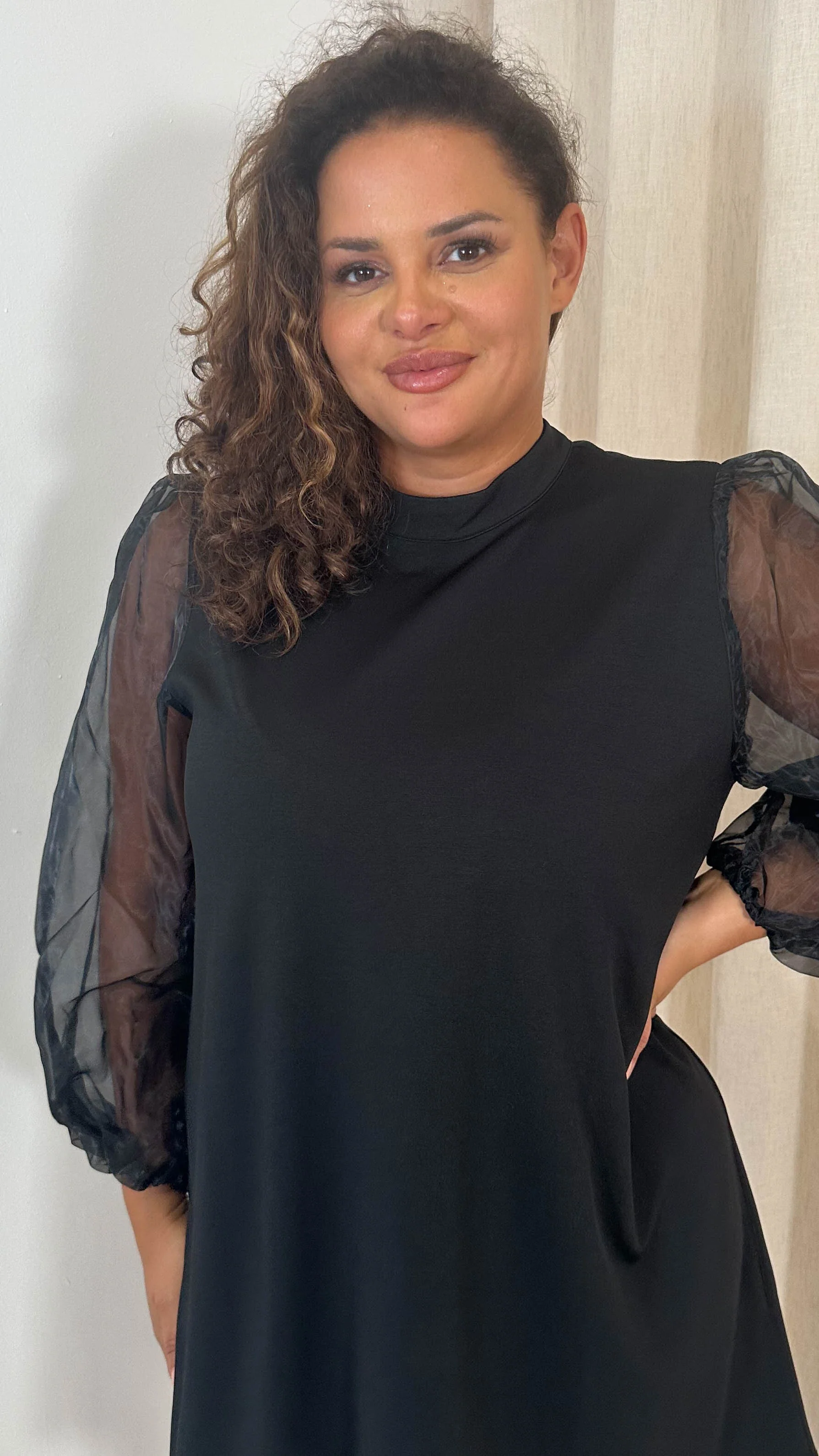 CurveWow Organza Sleeve Shift Dress Black - Image 2