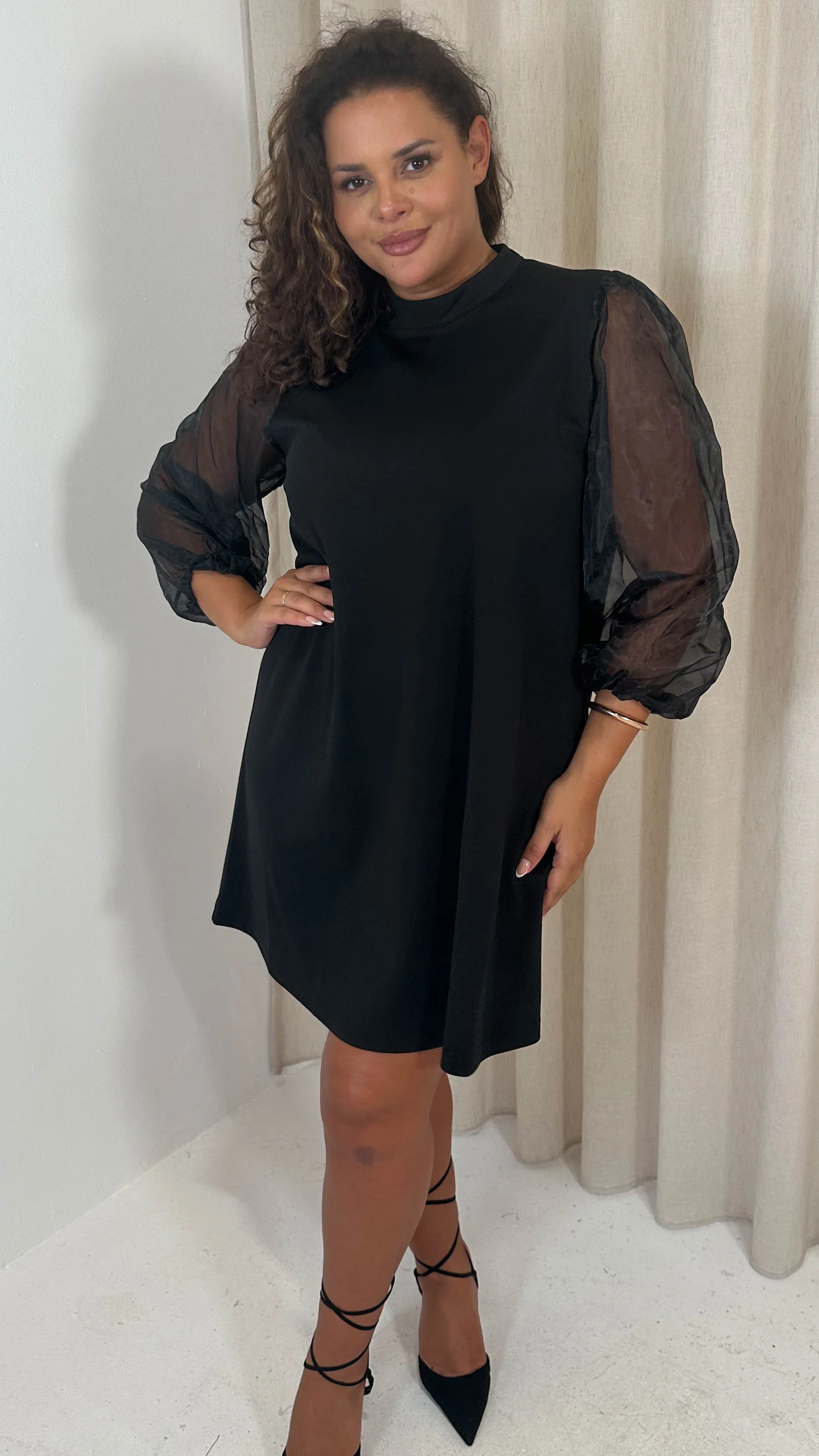 CurveWow Organza Sleeve Shift Dress Black - Image 3