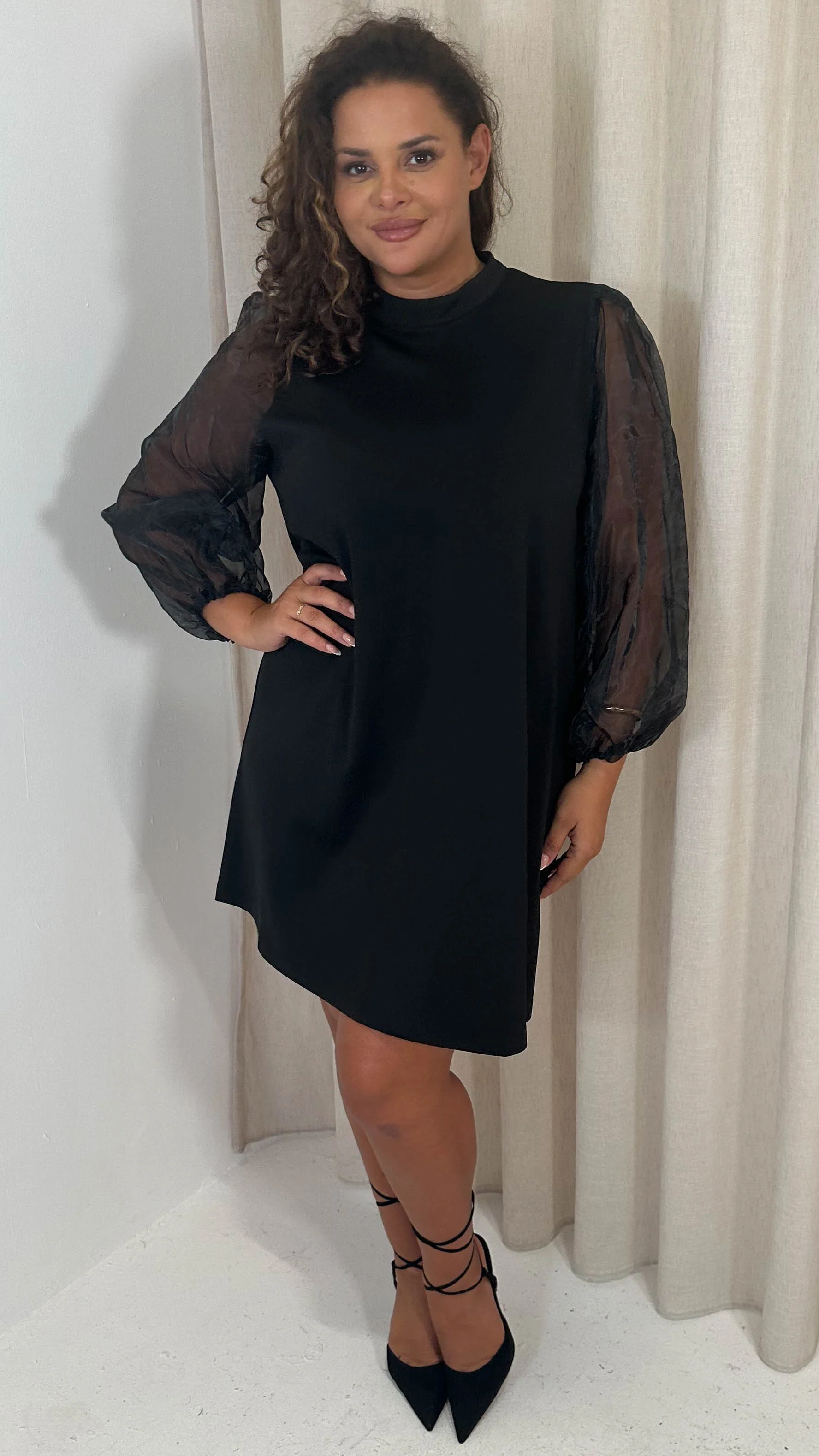 CurveWow Organza Sleeve Shift Dress Black - Image 4