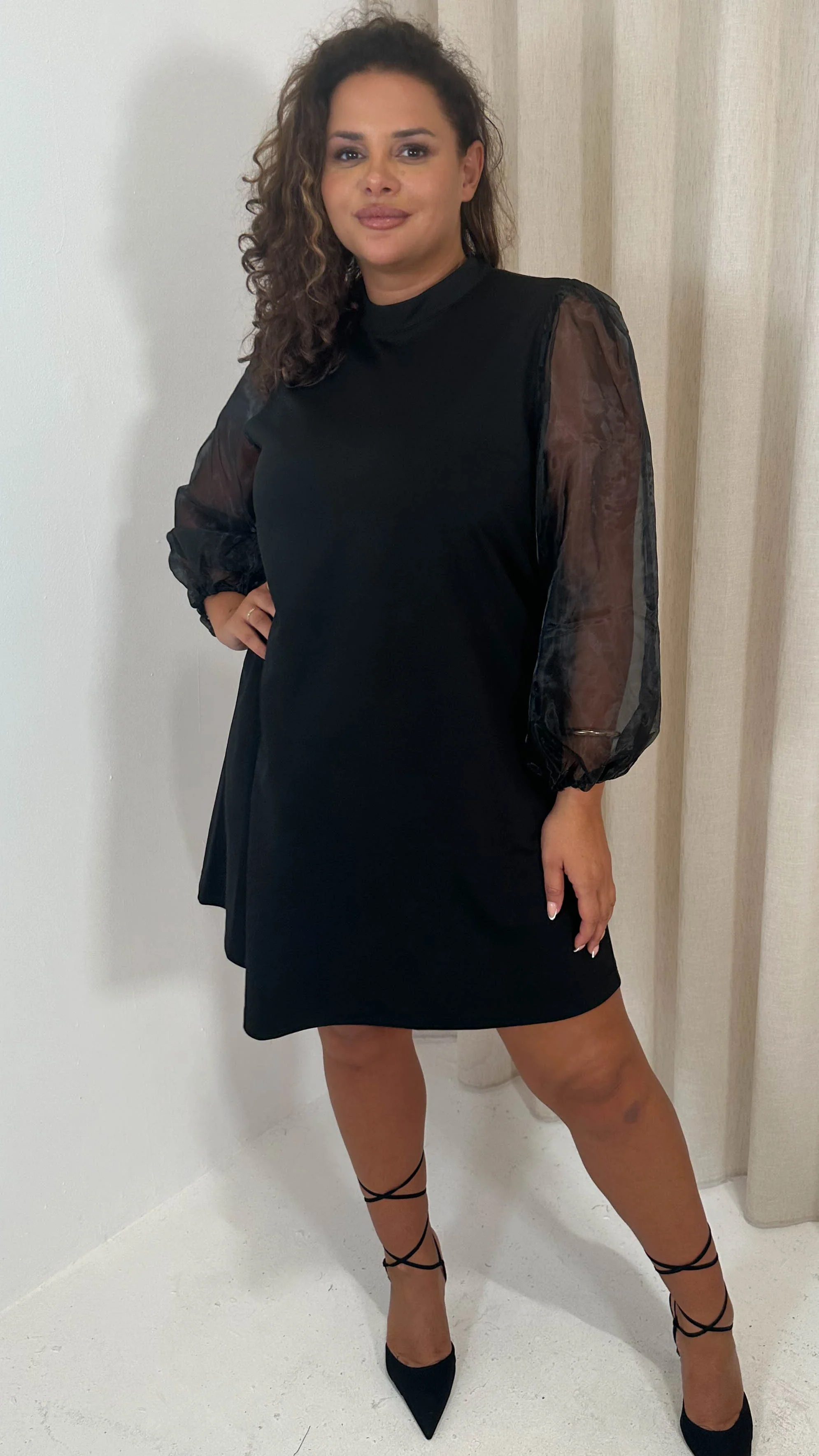 CurveWow Organza Sleeve Shift Dress Black - Image 5