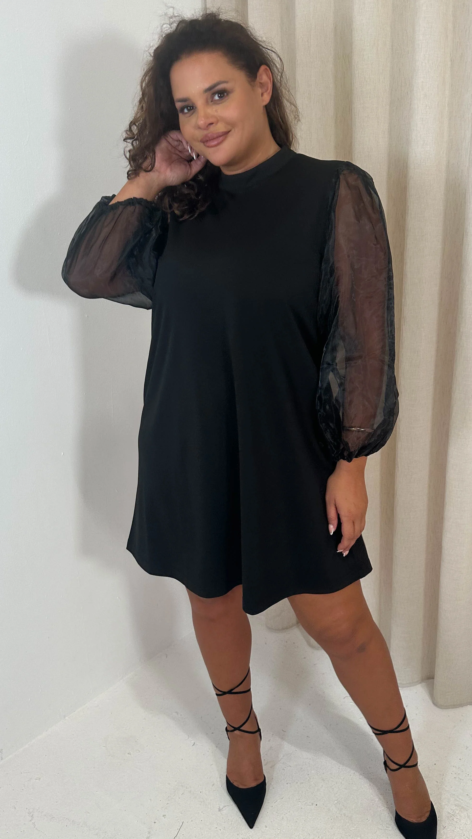 CurveWow Organza Sleeve Shift Dress Black - Image 6
