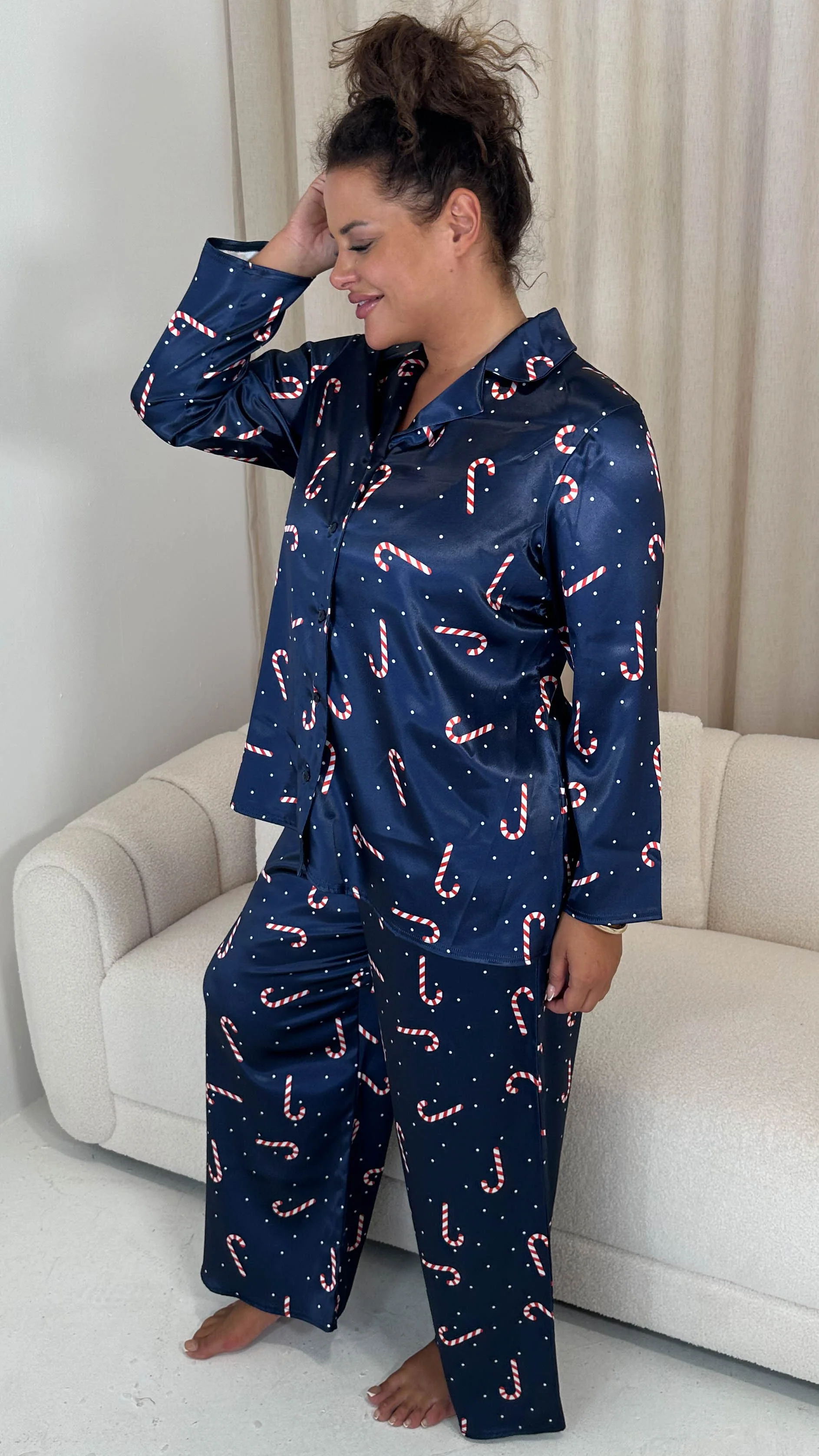 CurveWow Printed Satin Pyjama Set Navy Candy Cane - Image 6