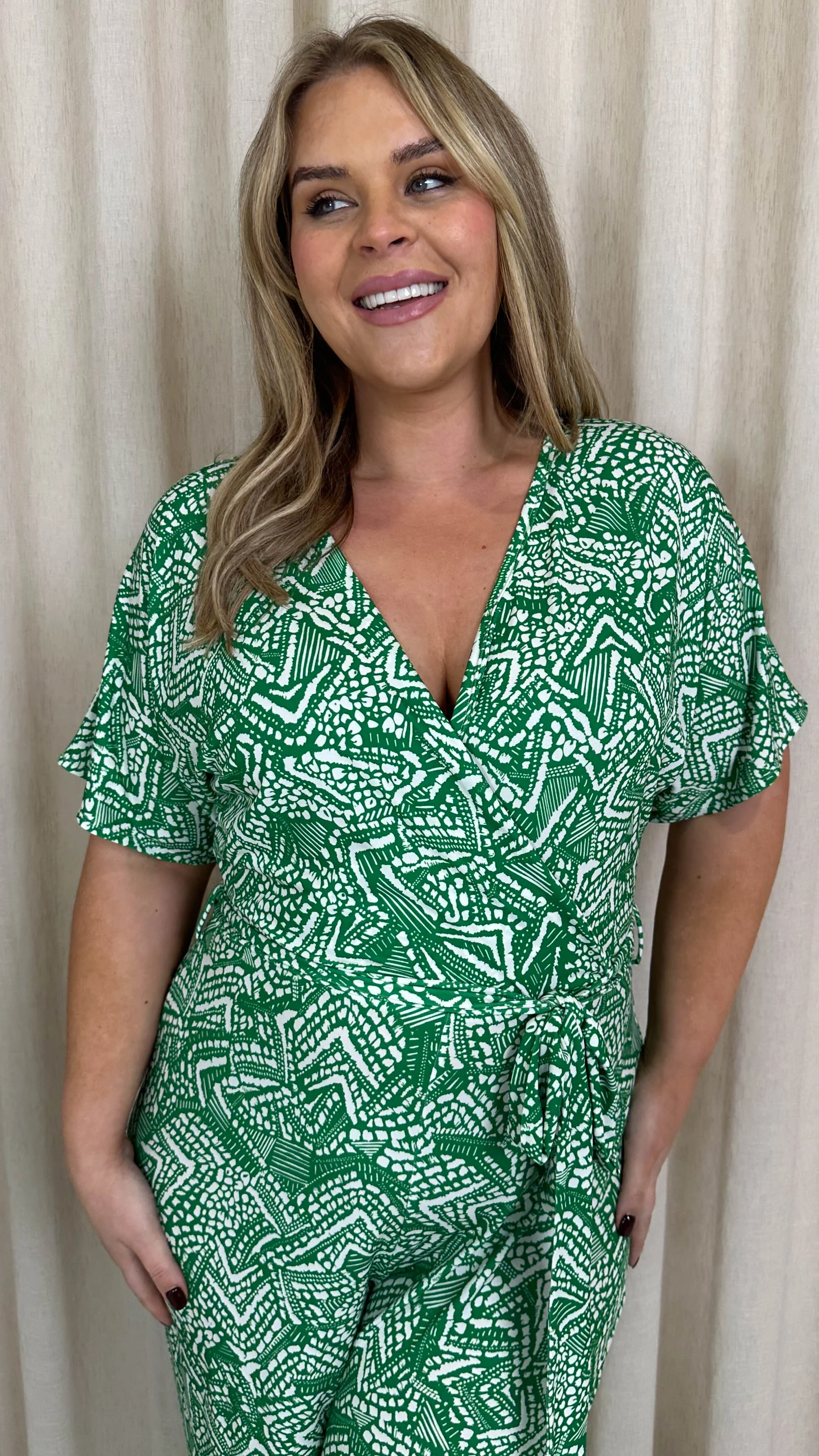 CurveWow Printed Slinky Wrap Jumpsuit Green Aztec - Image 3