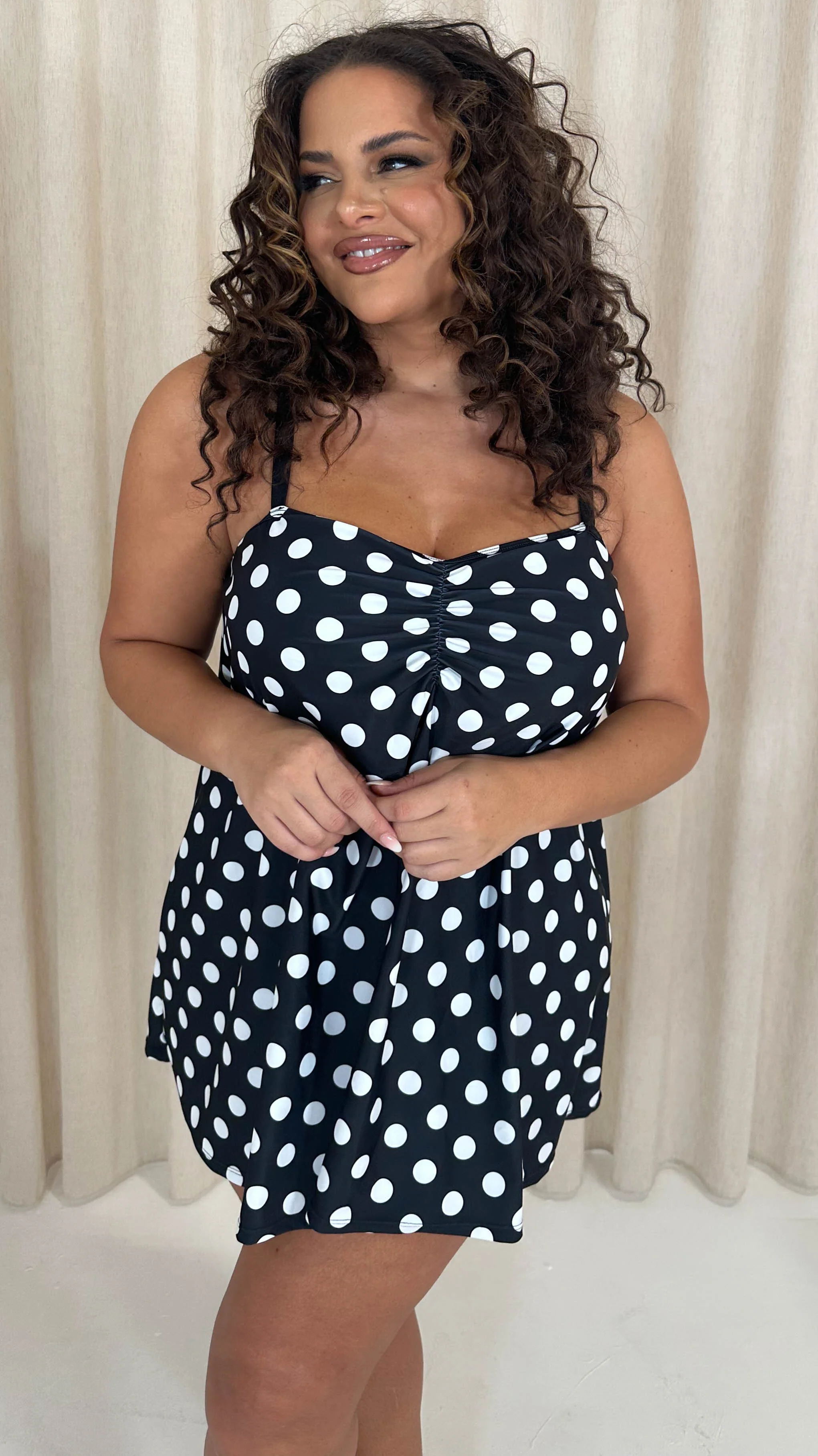 CurveWow Ruched Polka Dot Tankini Black/White - Image 5