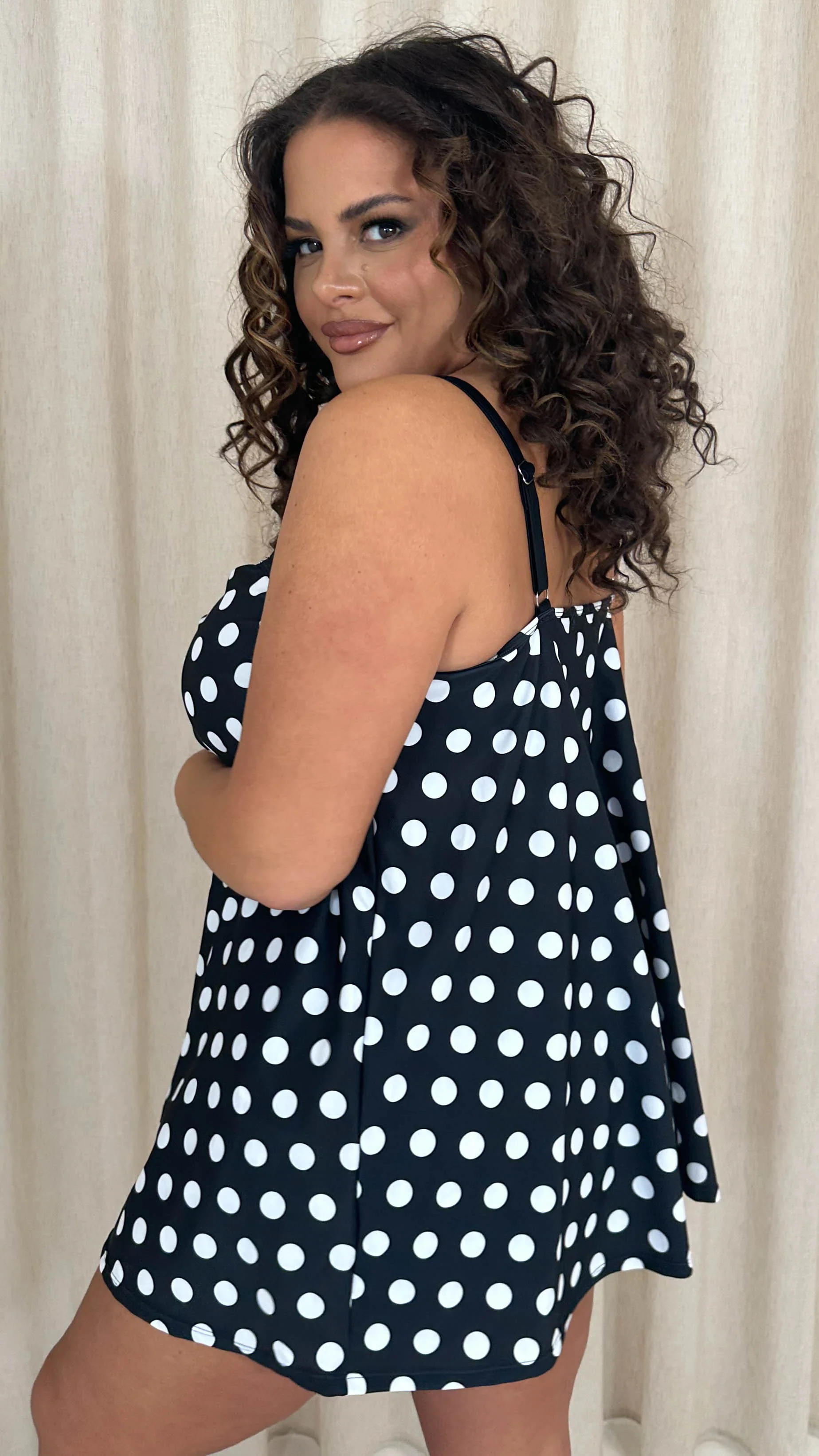CurveWow Ruched Polka Dot Tankini Black/White - Image 7
