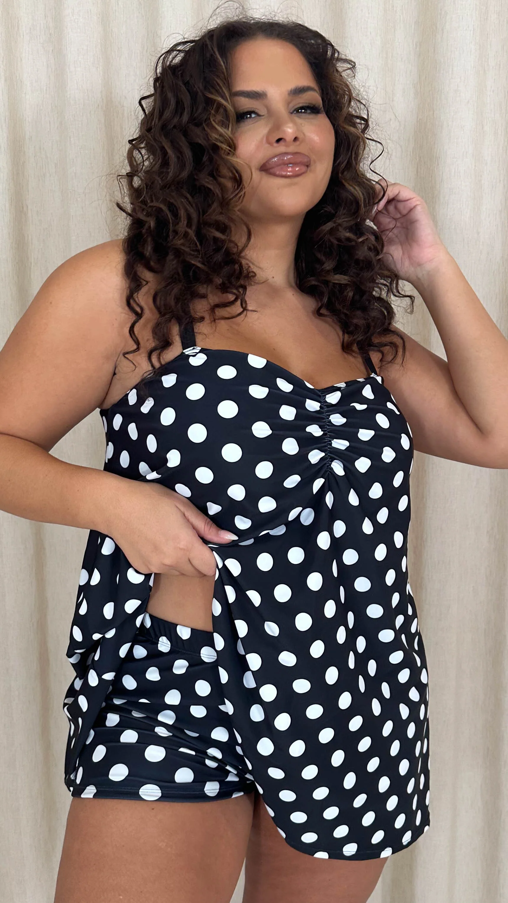 CurveWow Ruched Polka Dot Tankini Black/White - Image 8