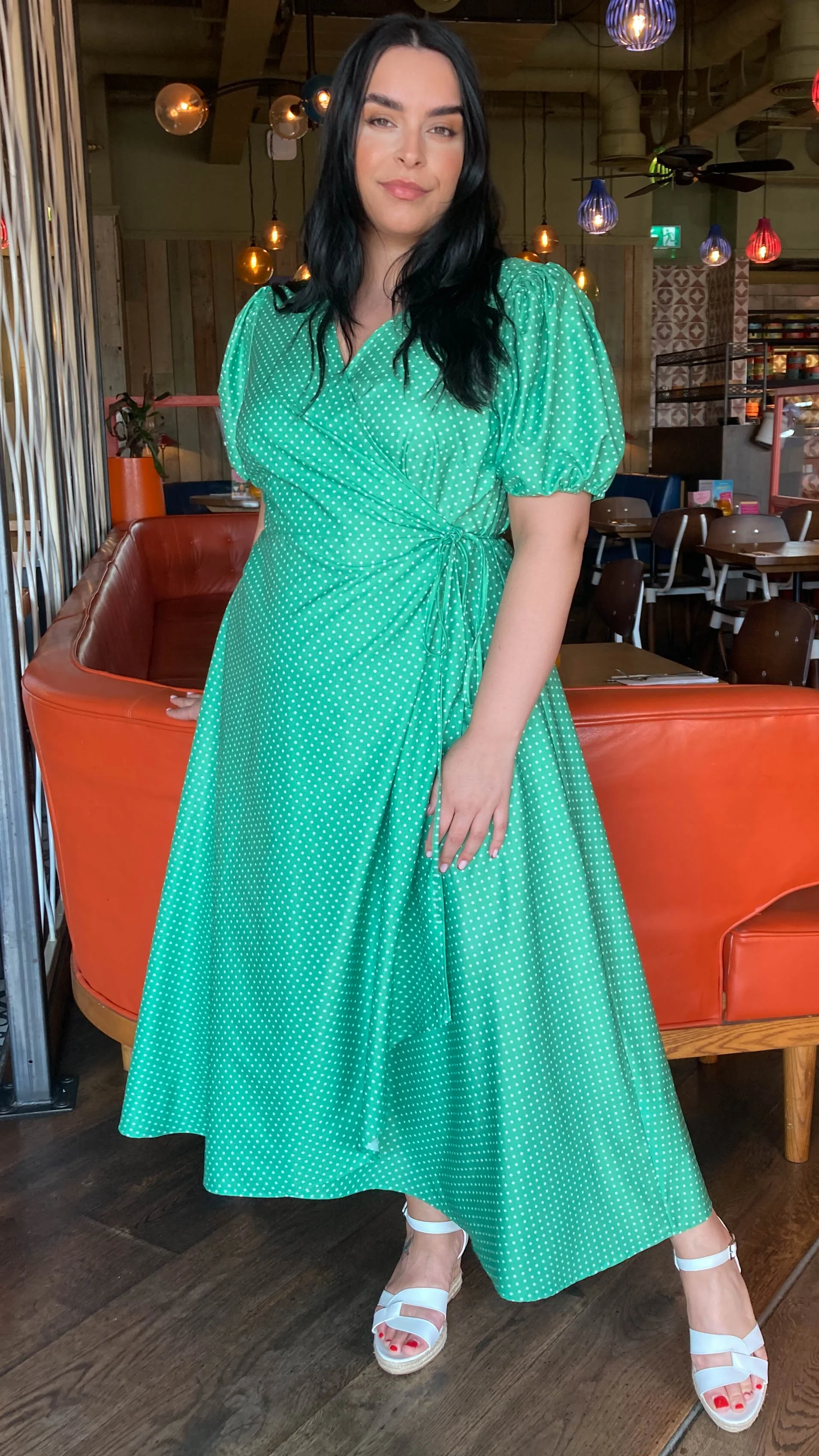 CurveWow Puff Sleeve Wrap Dress Green Spot - Image 10