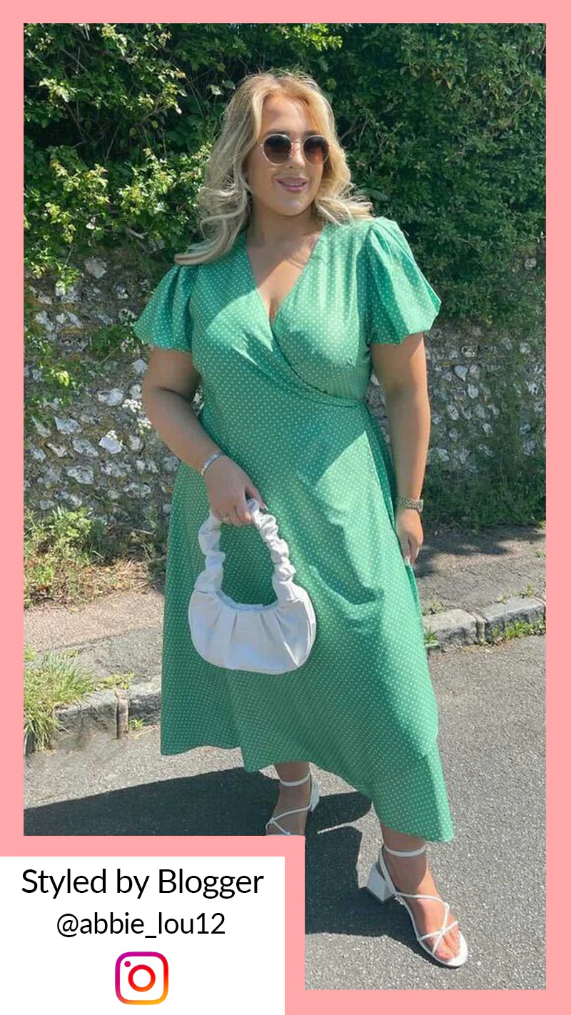 CurveWow Puff Sleeve Wrap Dress Green Spot - Image 2