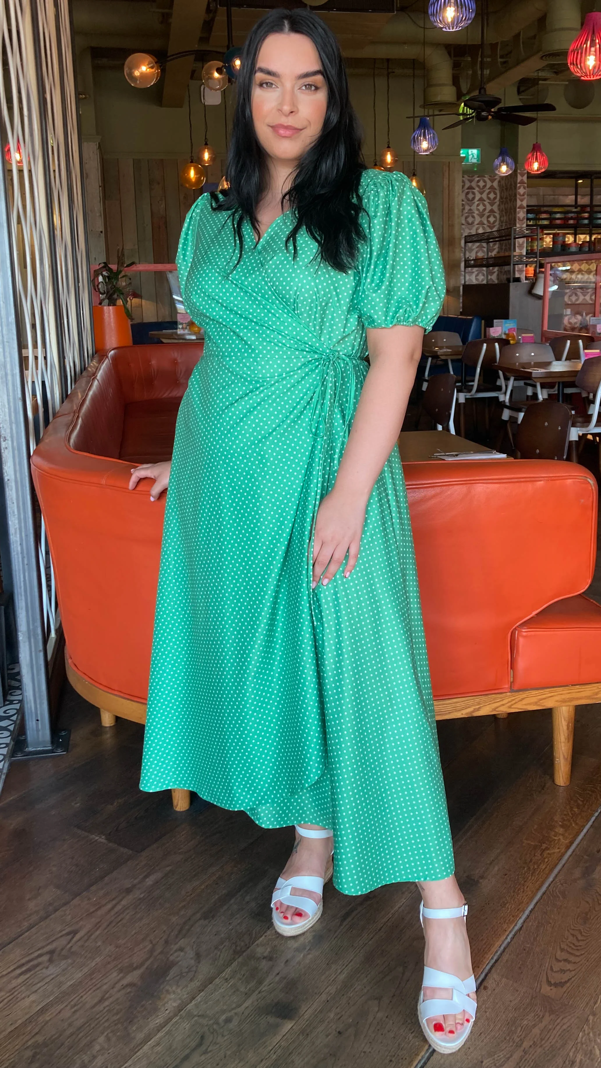 CurveWow Puff Sleeve Wrap Dress Green Spot - Image 3