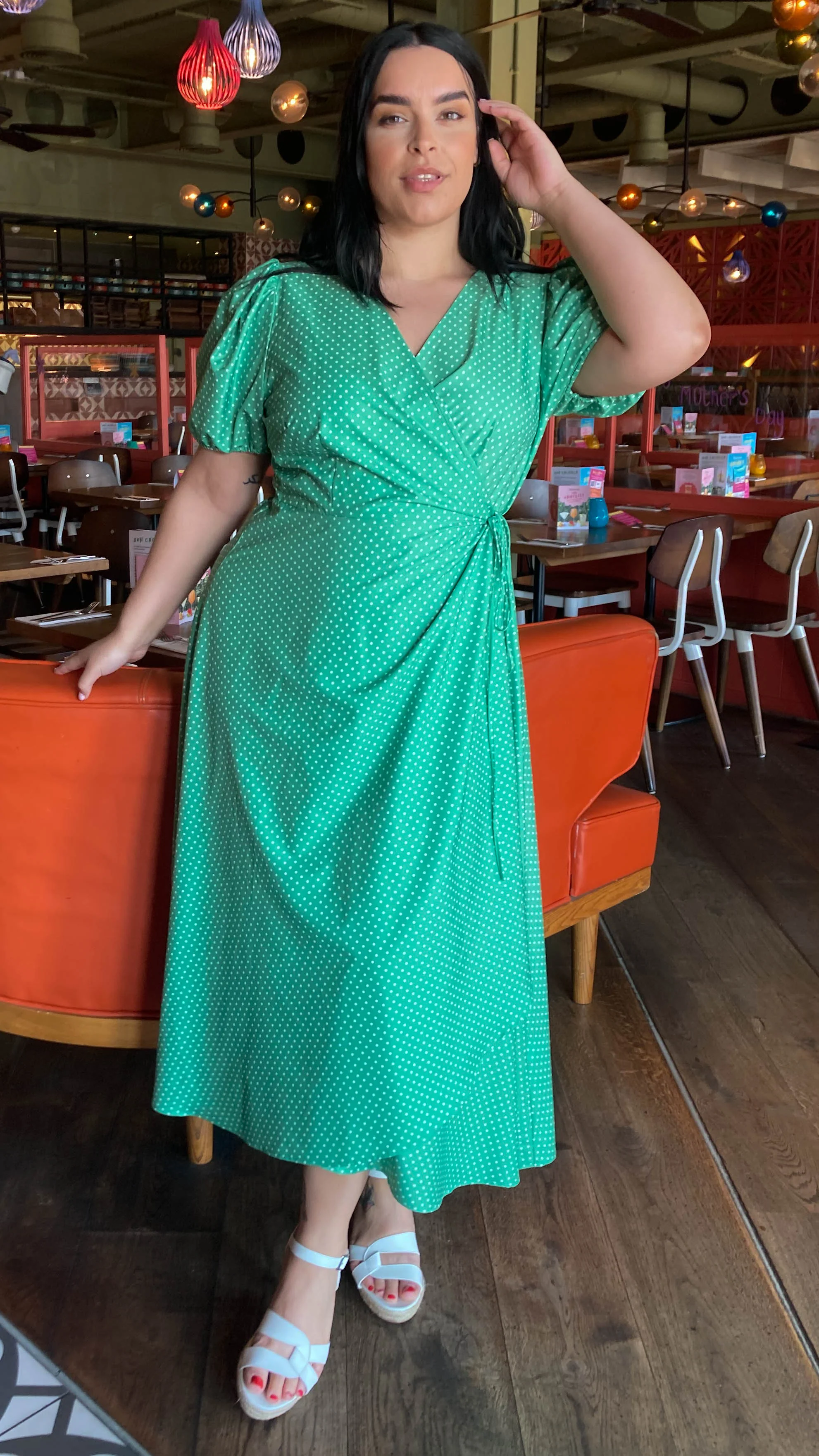 CurveWow Puff Sleeve Wrap Dress Green Spot - Image 4