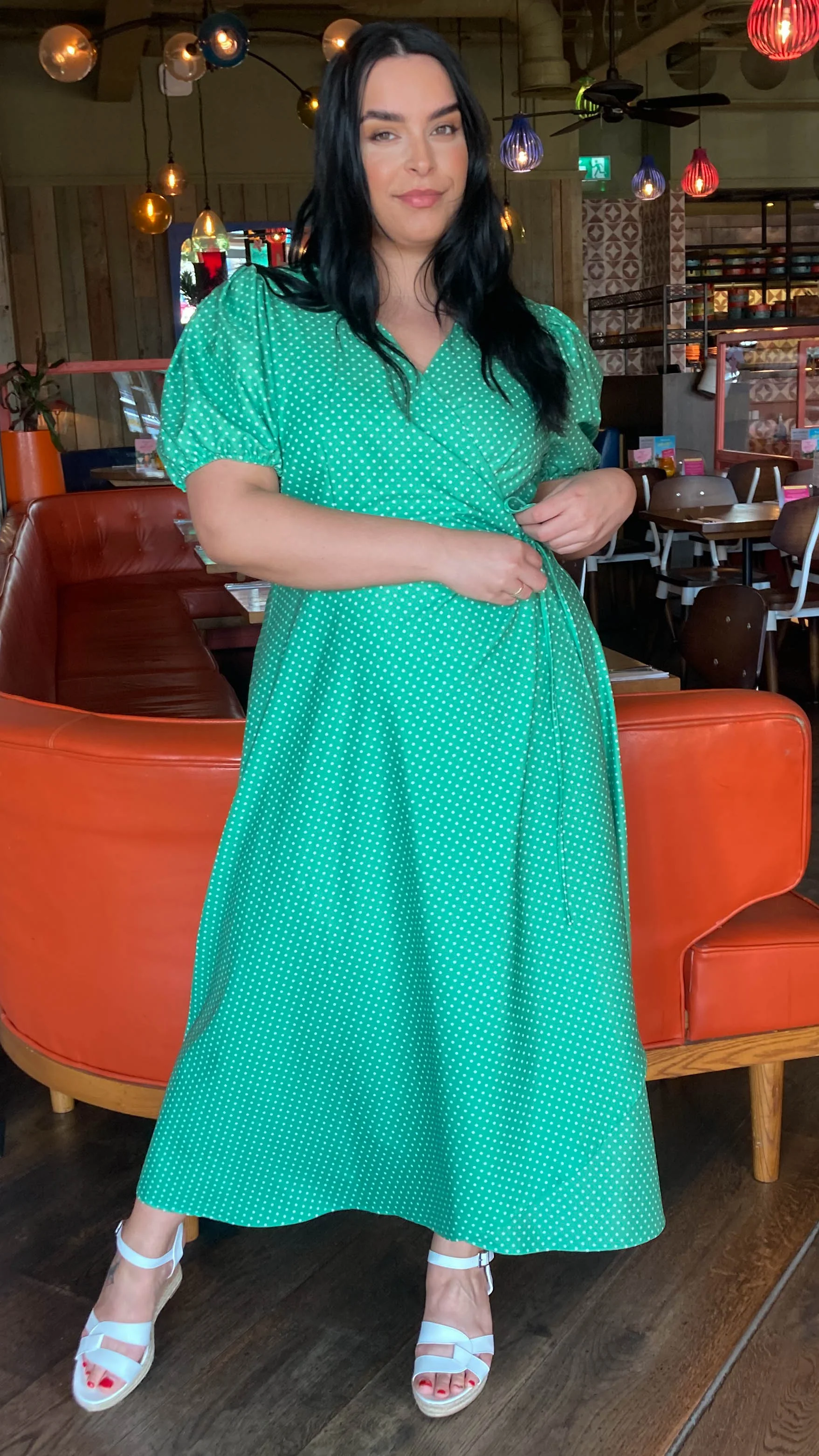 CurveWow Puff Sleeve Wrap Dress Green Spot - Image 5