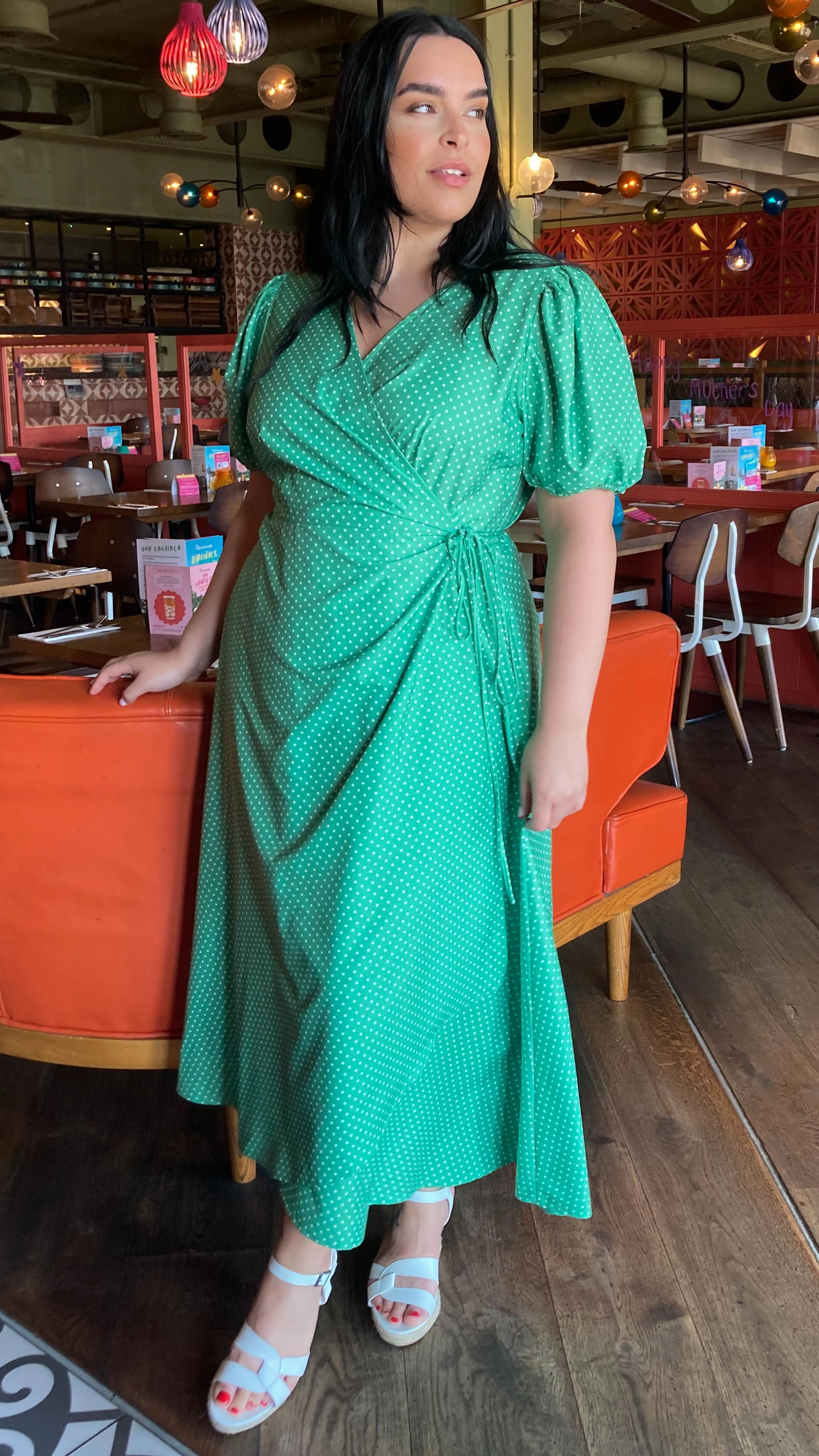 CurveWow Puff Sleeve Wrap Dress Green Spot - Image 6