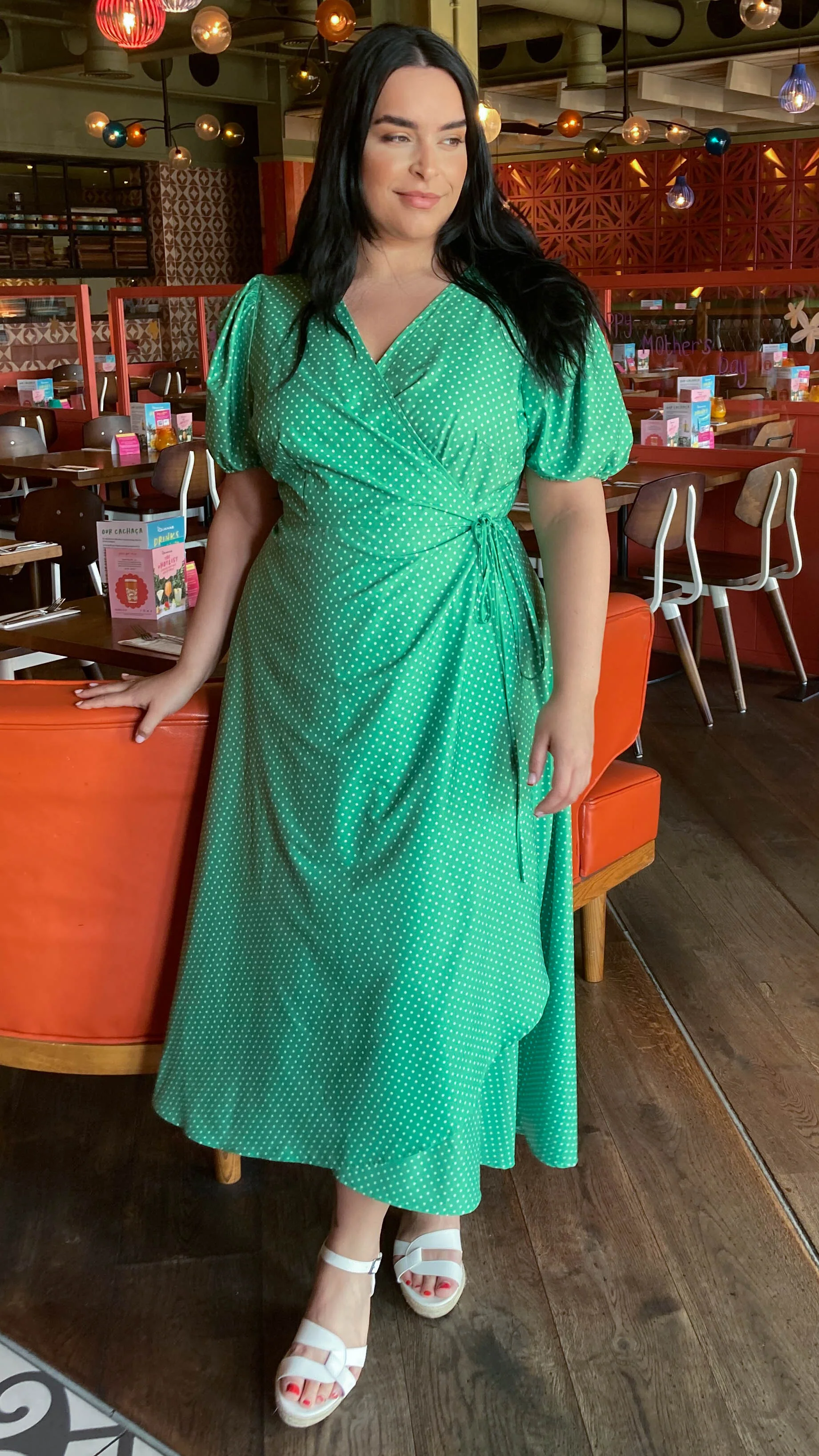 CurveWow Puff Sleeve Wrap Dress Green Spot - Image 7