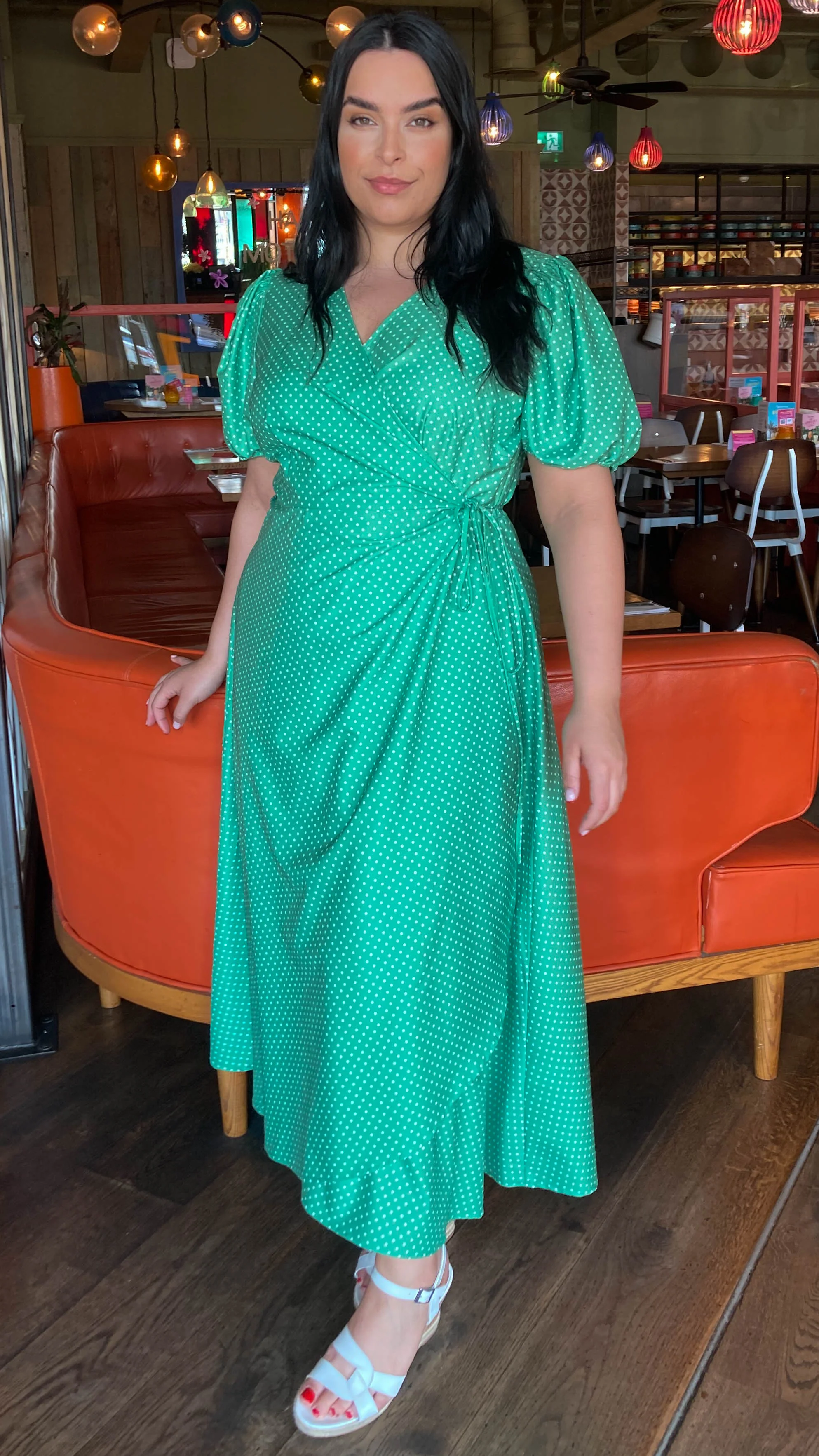 CurveWow Puff Sleeve Wrap Dress Green Spot - Image 8