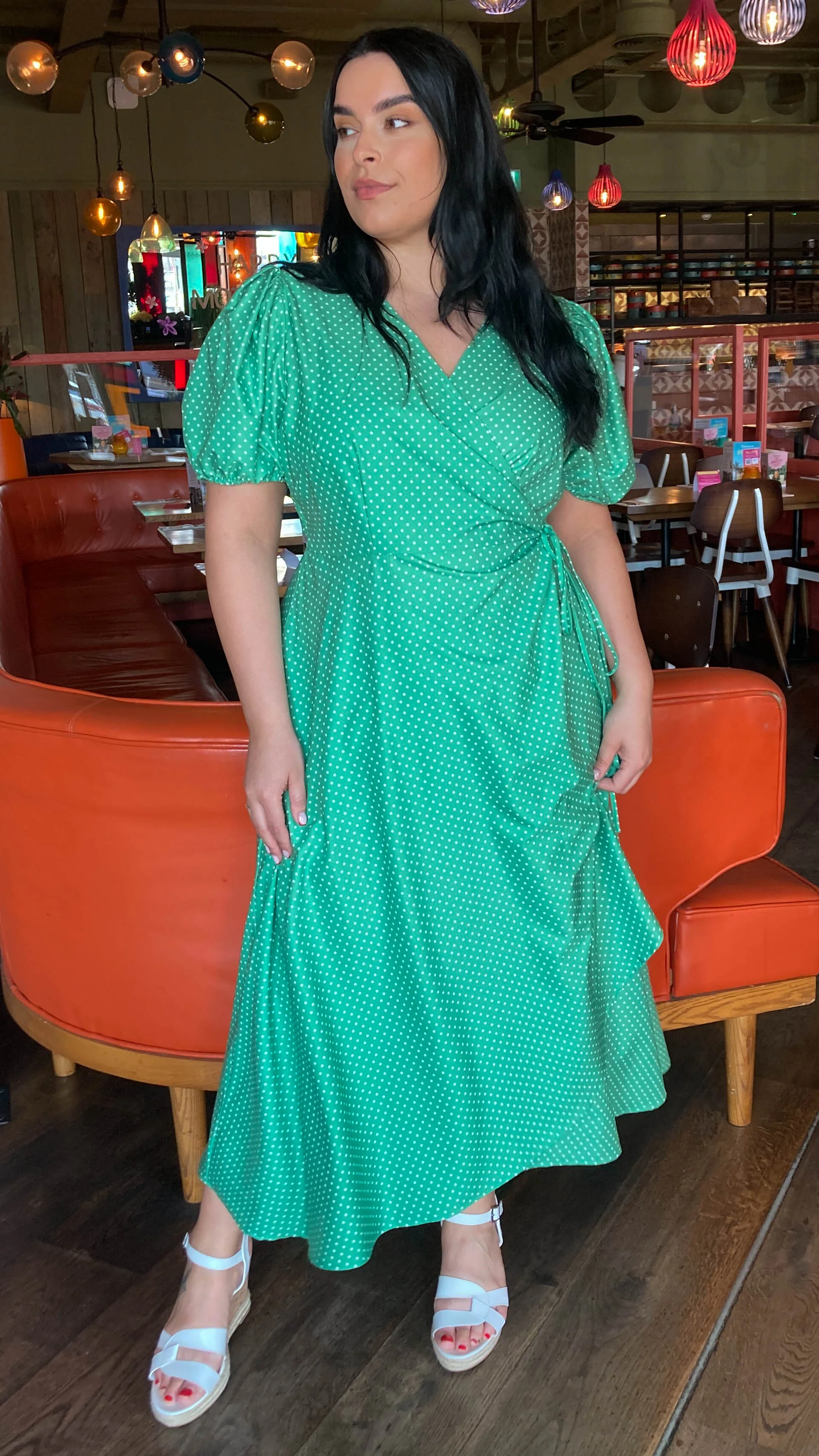 CurveWow Puff Sleeve Wrap Dress Green Spot - Image 9