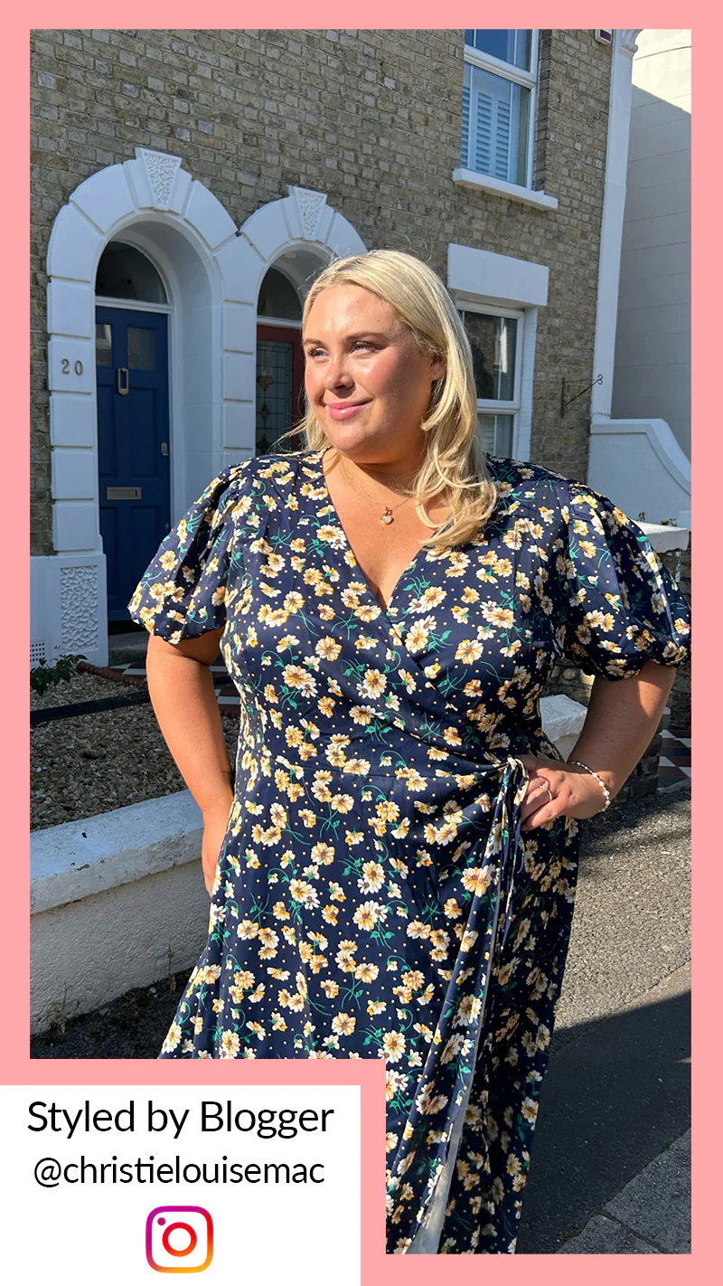 CurveWow Puff Sleeve Wrap Dress Navy Floral Spot - Image 3