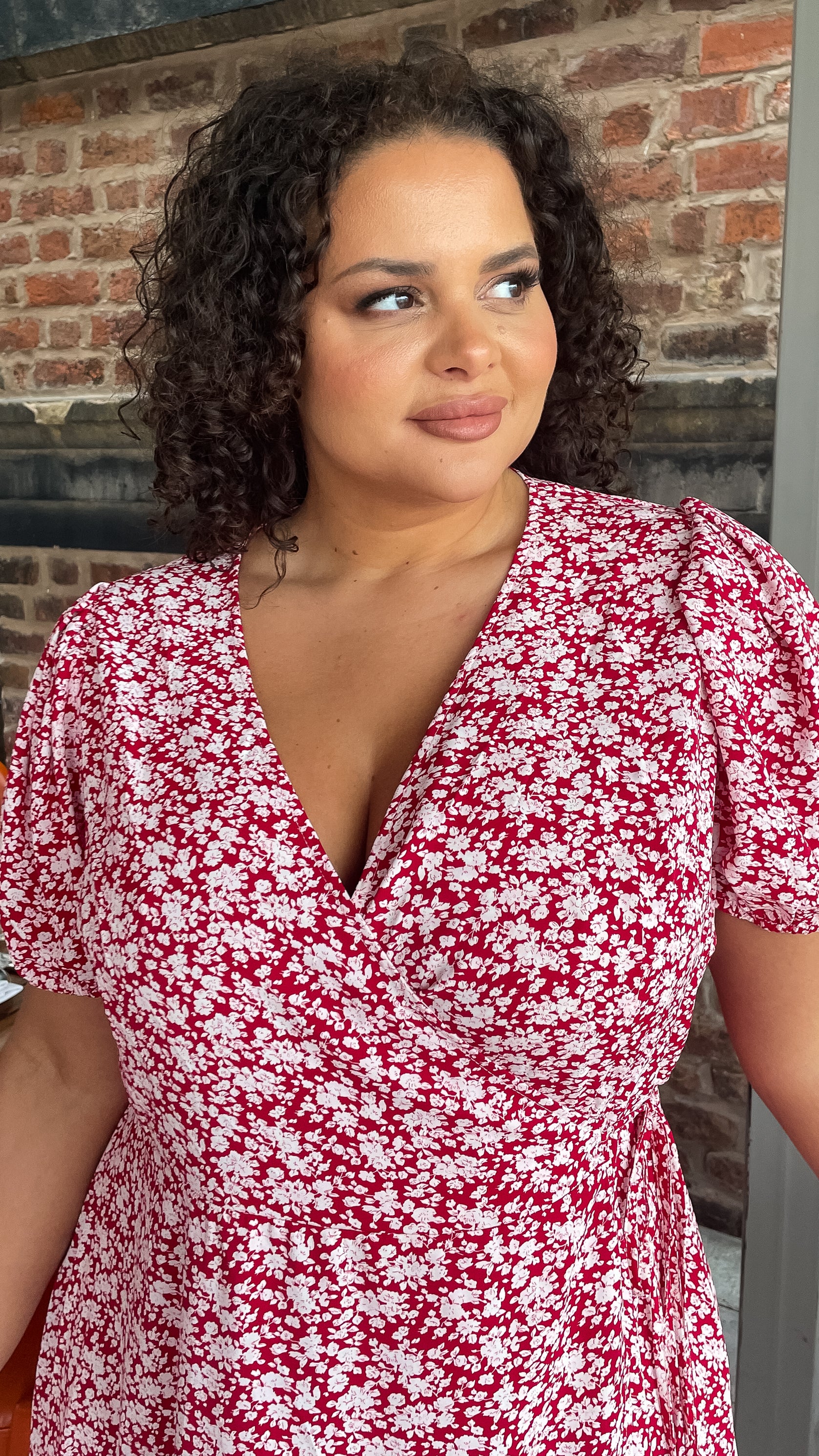 CurveWow Puff Sleeve Wrap Dress Red Ivory Ditsy - Image 6