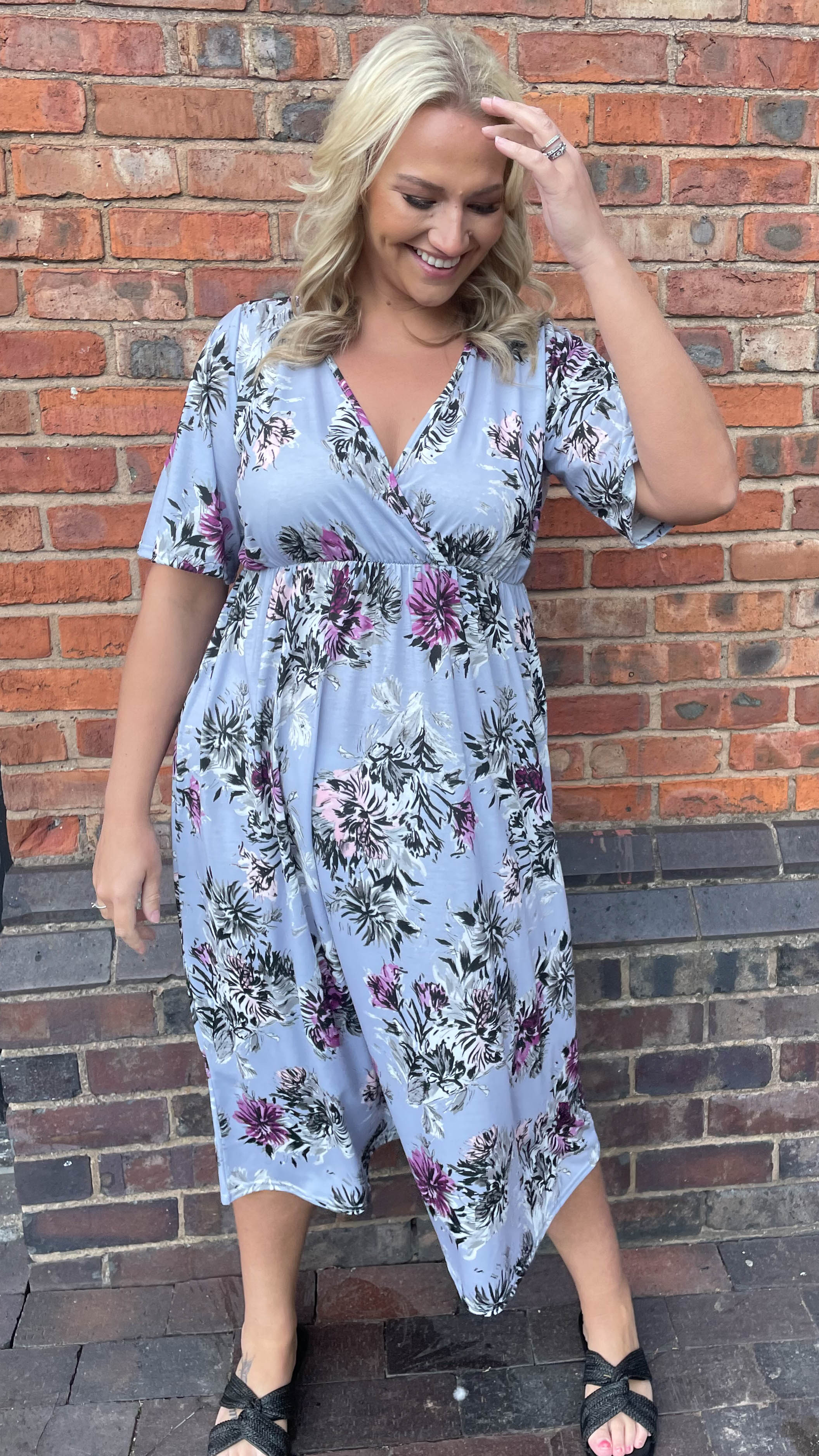 CurveWow Purple Floral Wrap Midi Dress - Image 3