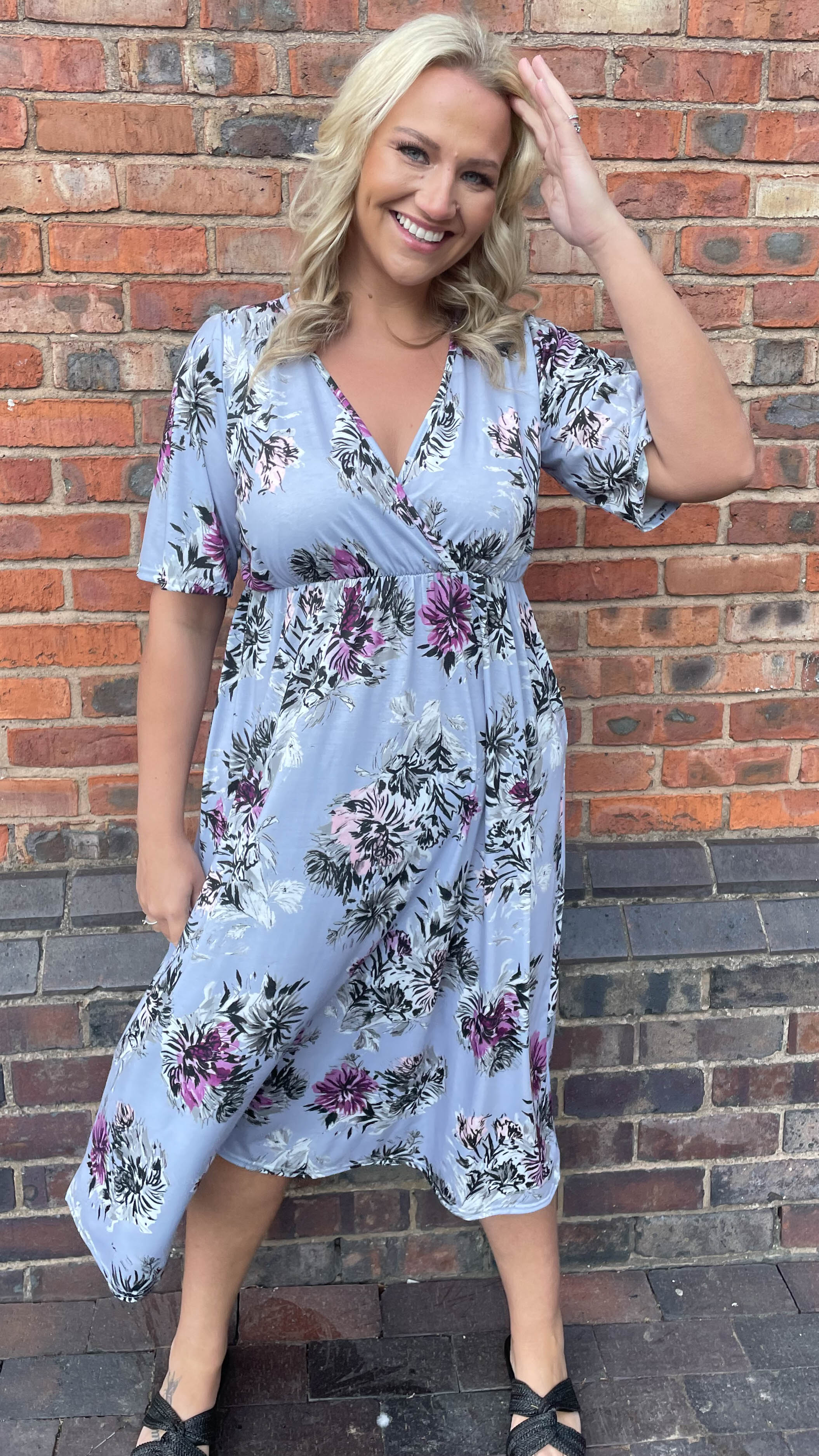 CurveWow Purple Floral Wrap Midi Dress - Image 4
