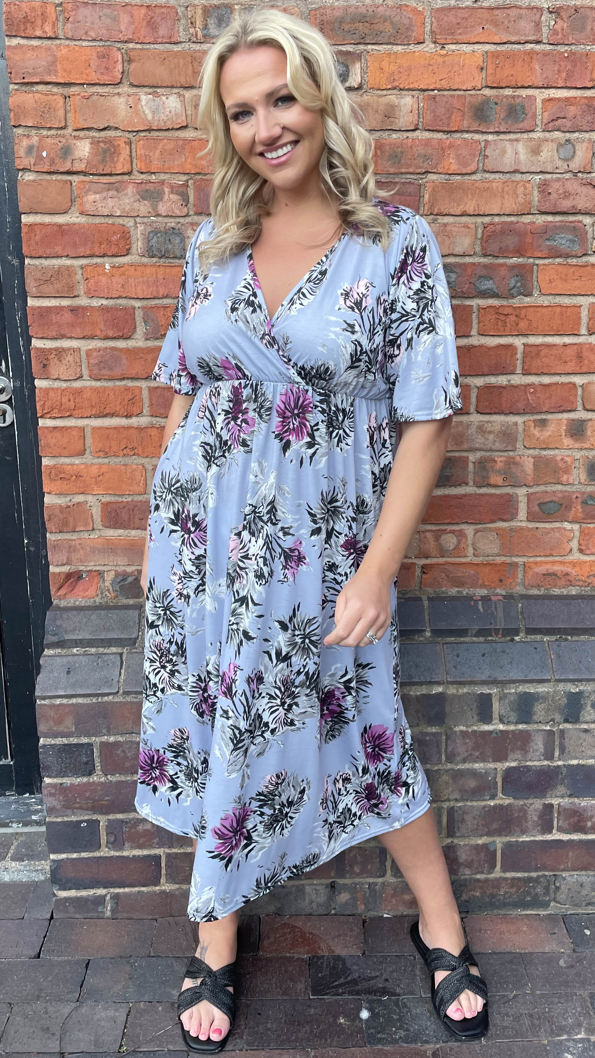 CurveWow Purple Floral Wrap Midi Dress - Image 5