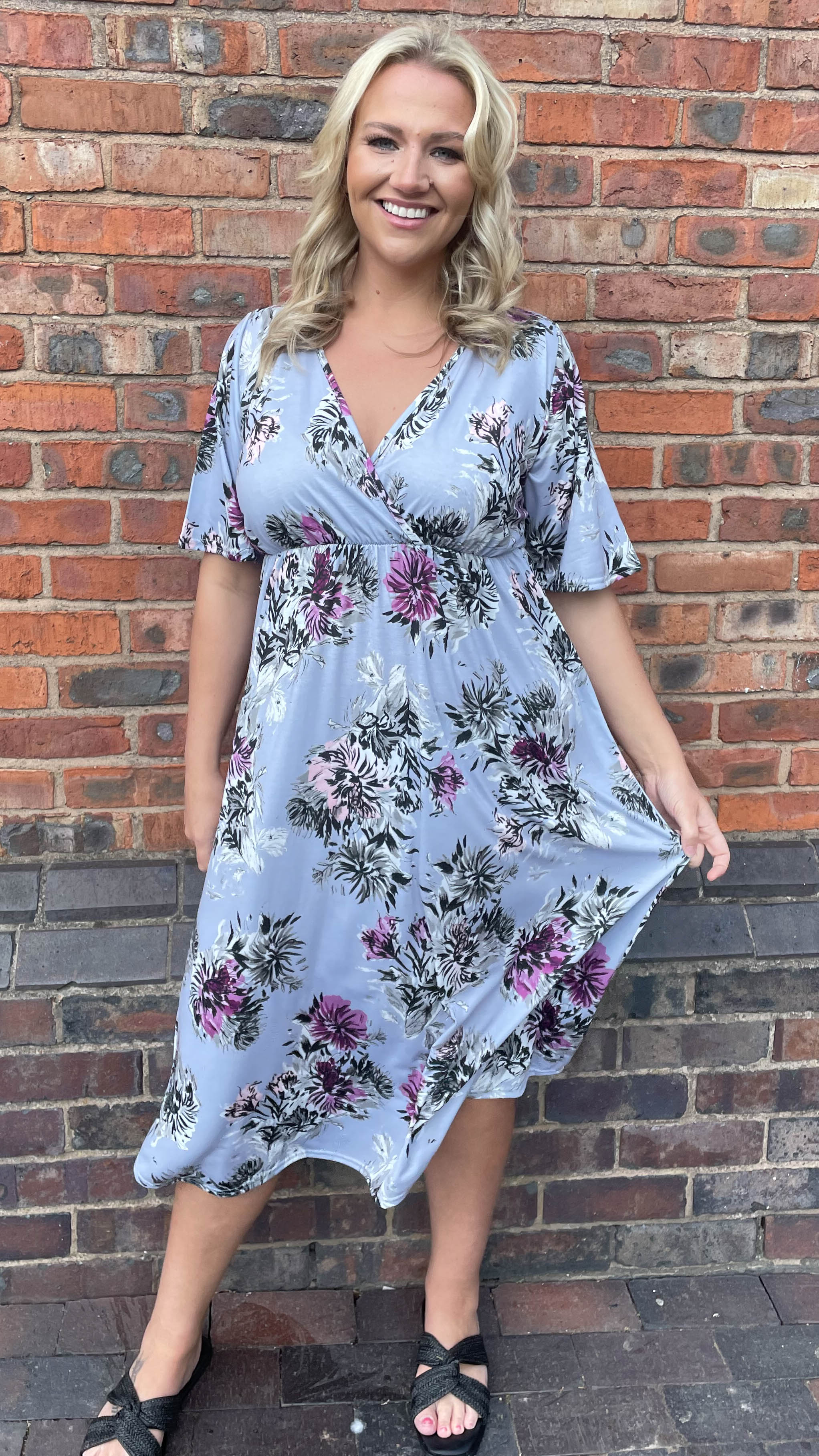 CurveWow Purple Floral Wrap Midi Dress - Image 6