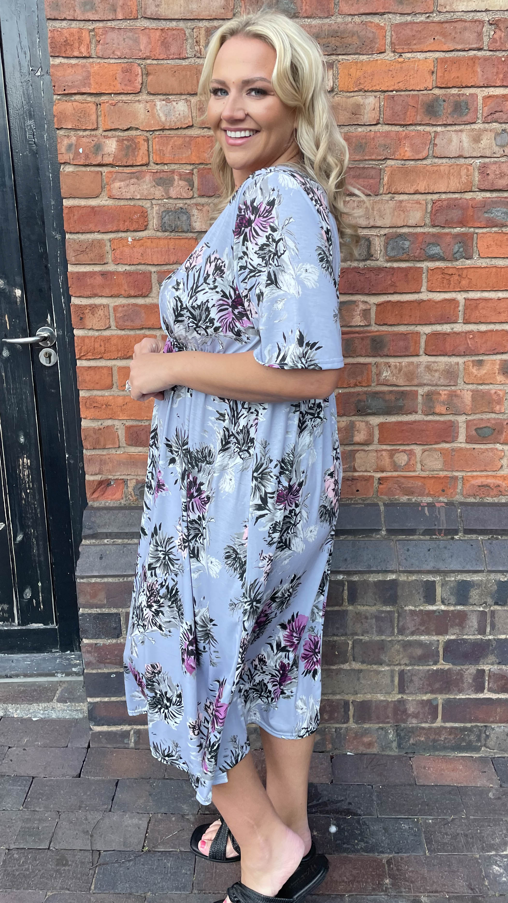 CurveWow Purple Floral Wrap Midi Dress - Image 7