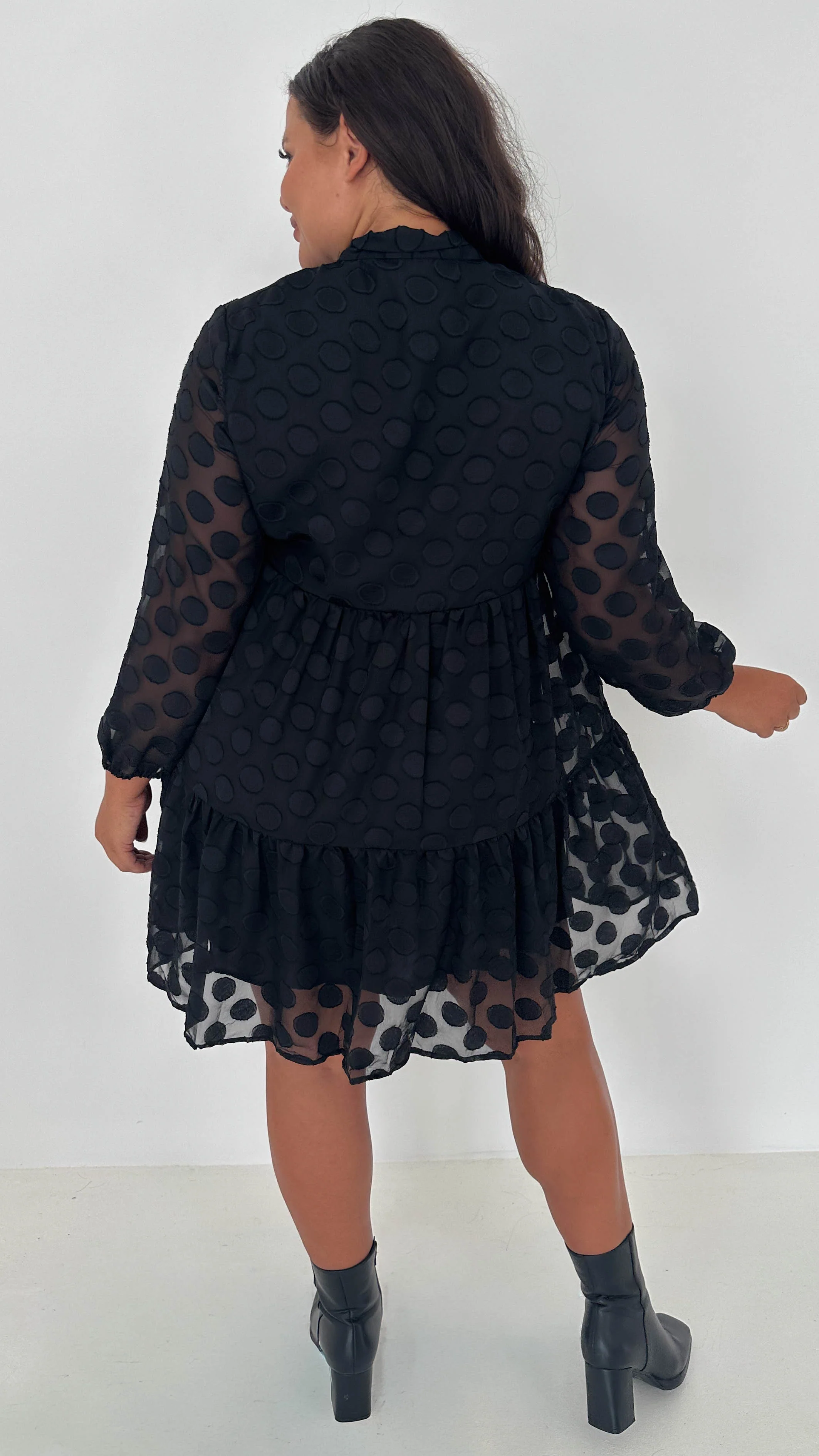 CurveWow Pussybow Spot Dress Black - Image 8